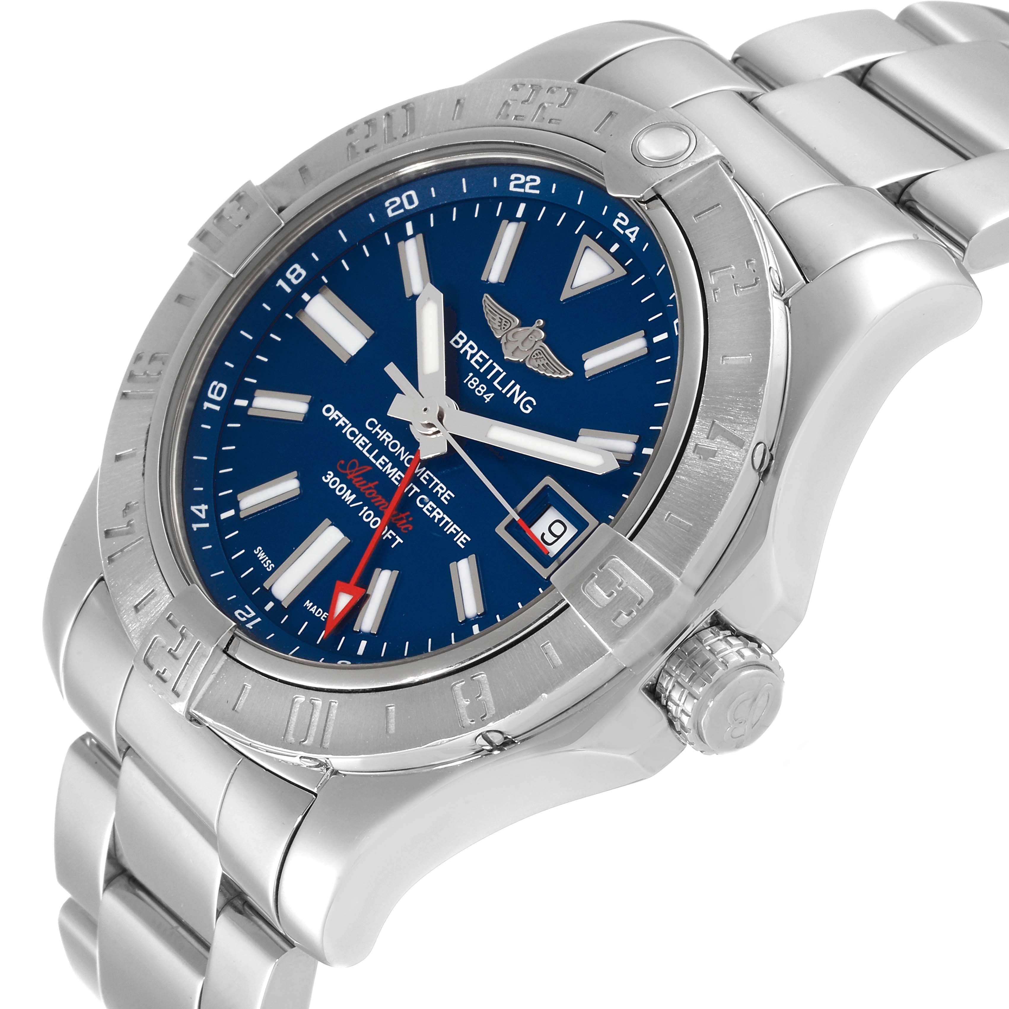 This image shows an angled view of the Breitling Avenger A32390 Men's Stainless Steel Blue Dial A32390 Men's Stainless Steel Blue Dial watch, displaying its blue dial, bezel, crown, and part of the metal bracelet.