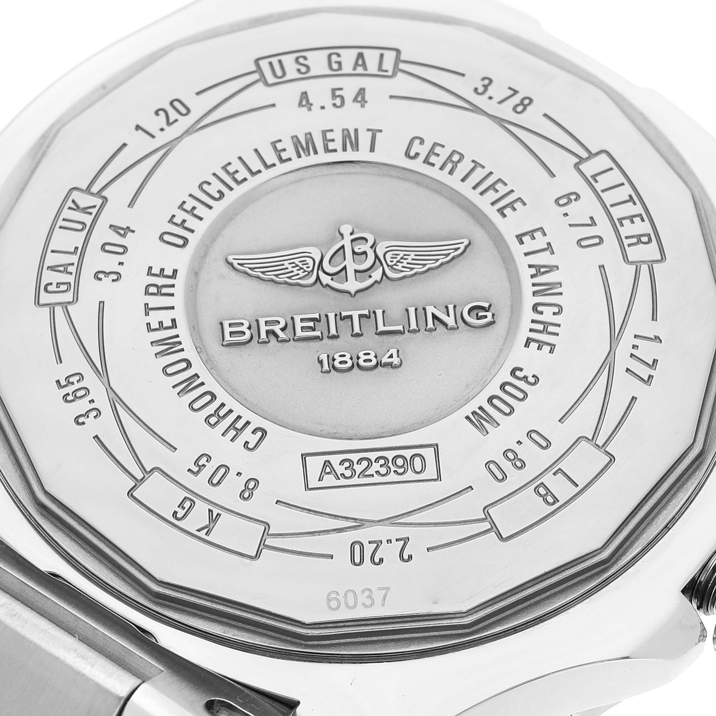 The image shows the case back of a Breitling Avenger A32390 Men's Stainless Steel Blue Dial A32390 Men's Stainless Steel Blue Dial watch, detailing various measurements and certifications.