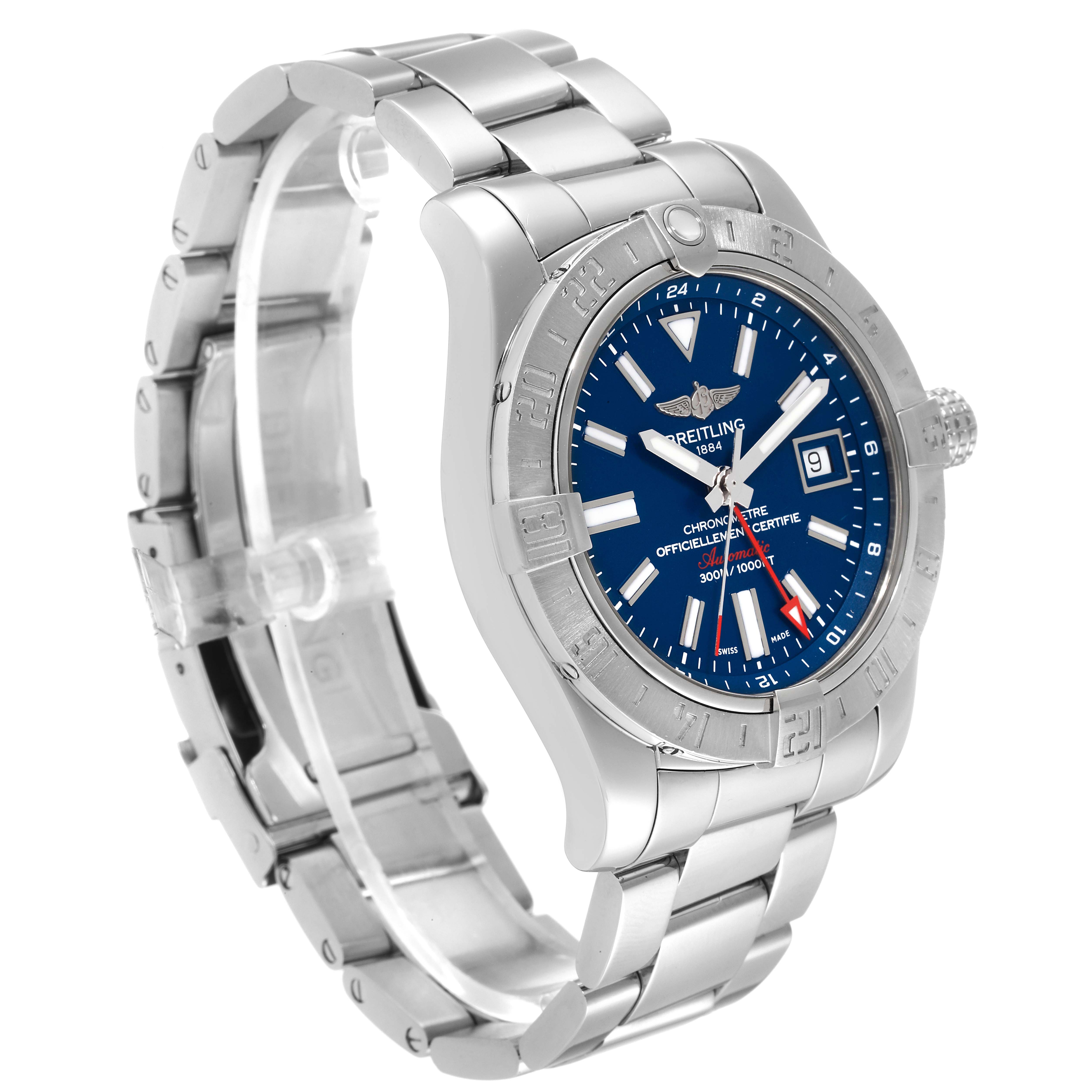 The image shows the Breitling Avenger A32390 Men's Stainless Steel Blue Dial A32390 Men's Stainless Steel Blue Dial watch at an angled side view, displaying the bracelet, bezel, dial, and crown.