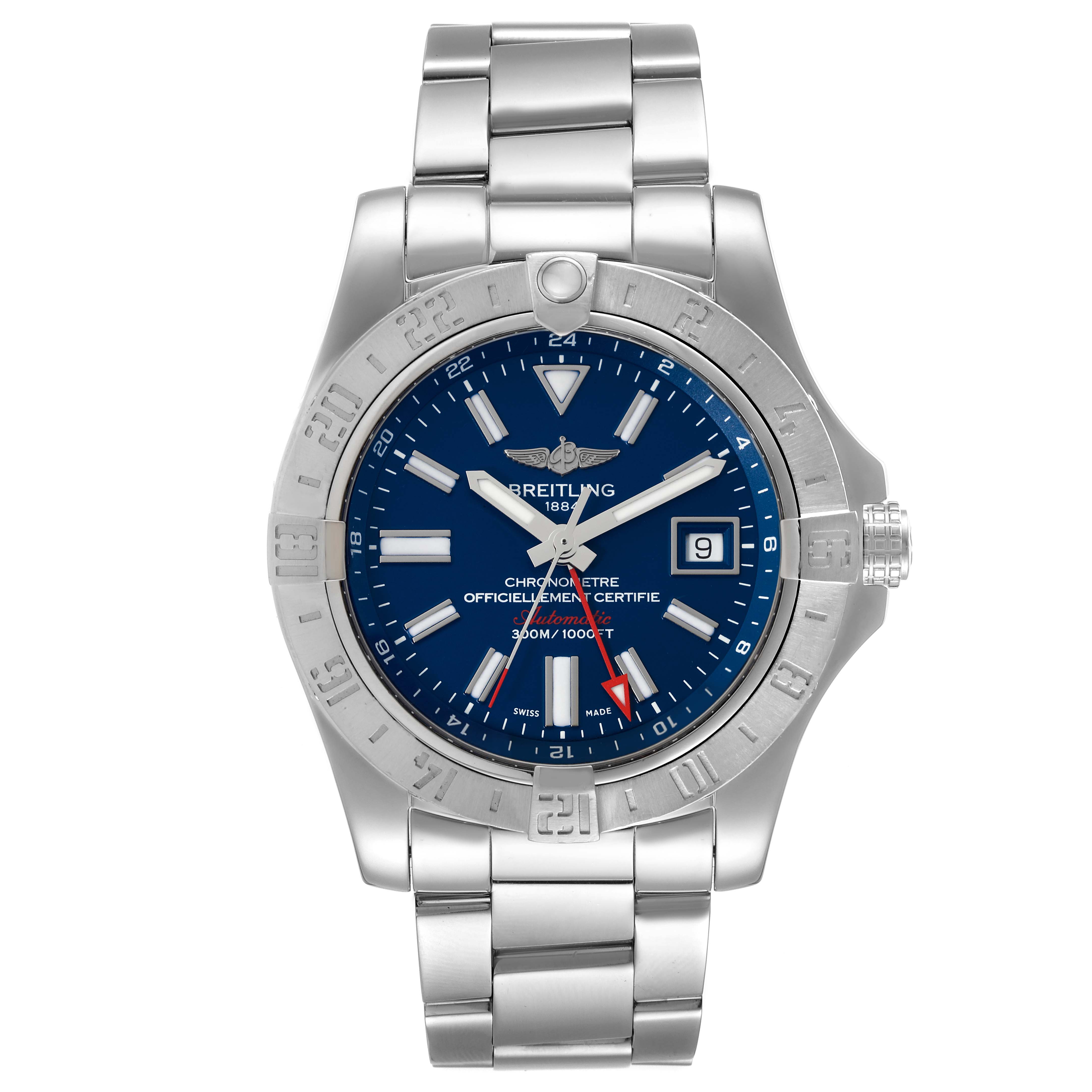 The image shows a front view of a Breitling Avenger A32390 Men's Stainless Steel Blue Dial A32390 Men's Stainless Steel Blue Dial watch with a blue dial and a stainless steel bracelet.
