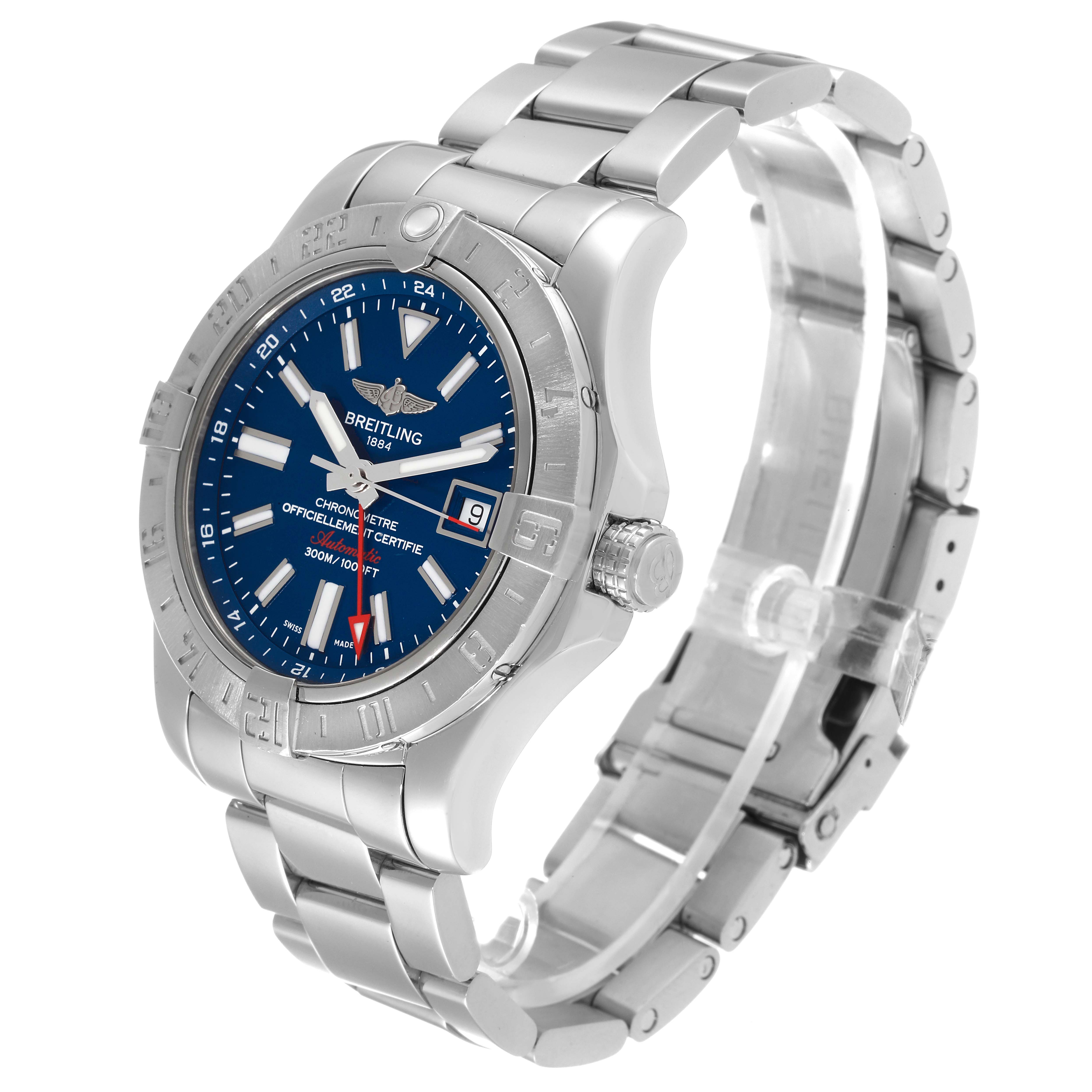 The Breitling Avenger A32390 Men's Stainless Steel Blue Dial A32390 Men's Stainless Steel Blue Dial watch is shown from a three-quarter angle, displaying its face, bezel, crown, and bracelet.