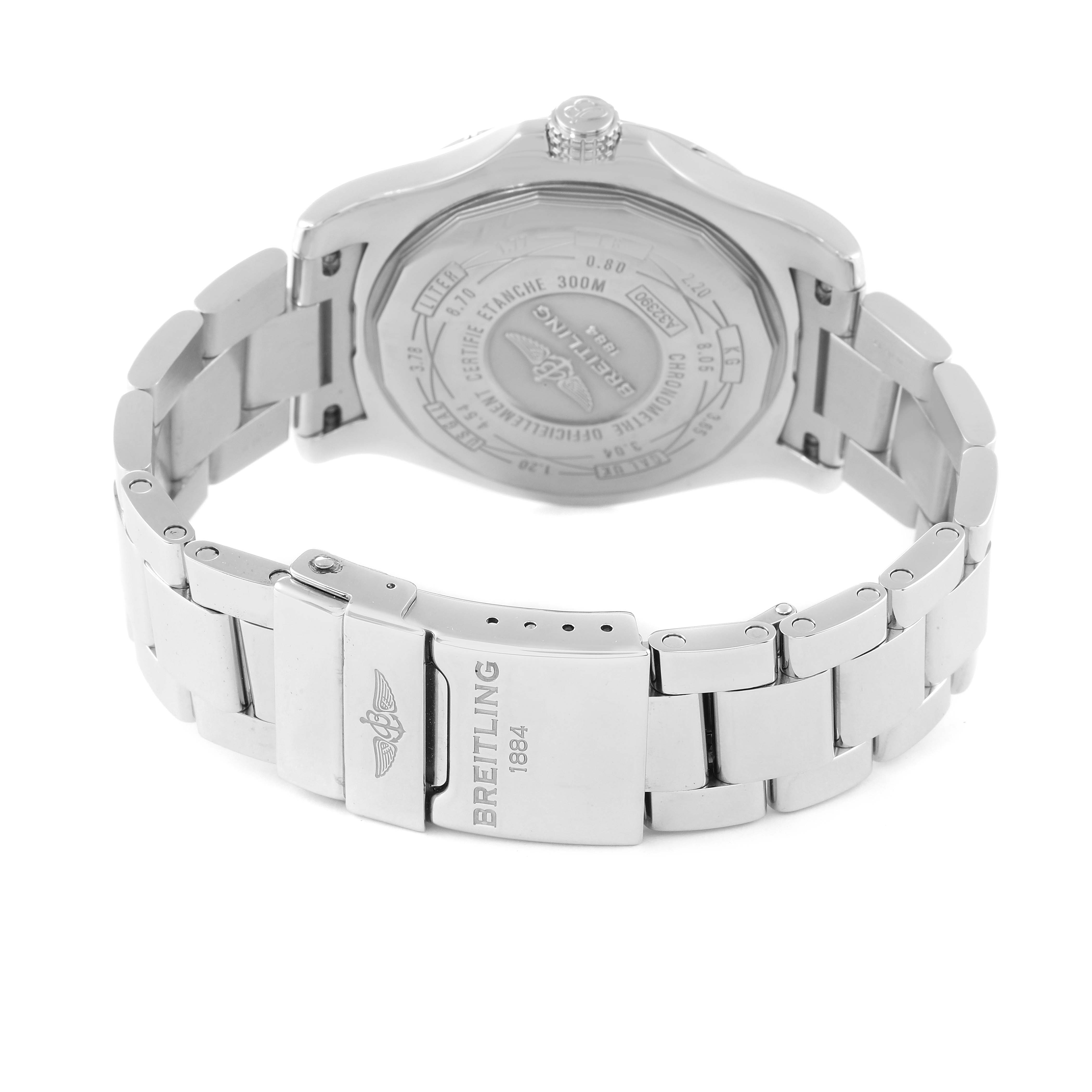 The image shows the back case and metal strap of a Breitling Avenger A32390 Men's Stainless Steel Blue Dial A32390 Men's Stainless Steel Blue Dial watch.