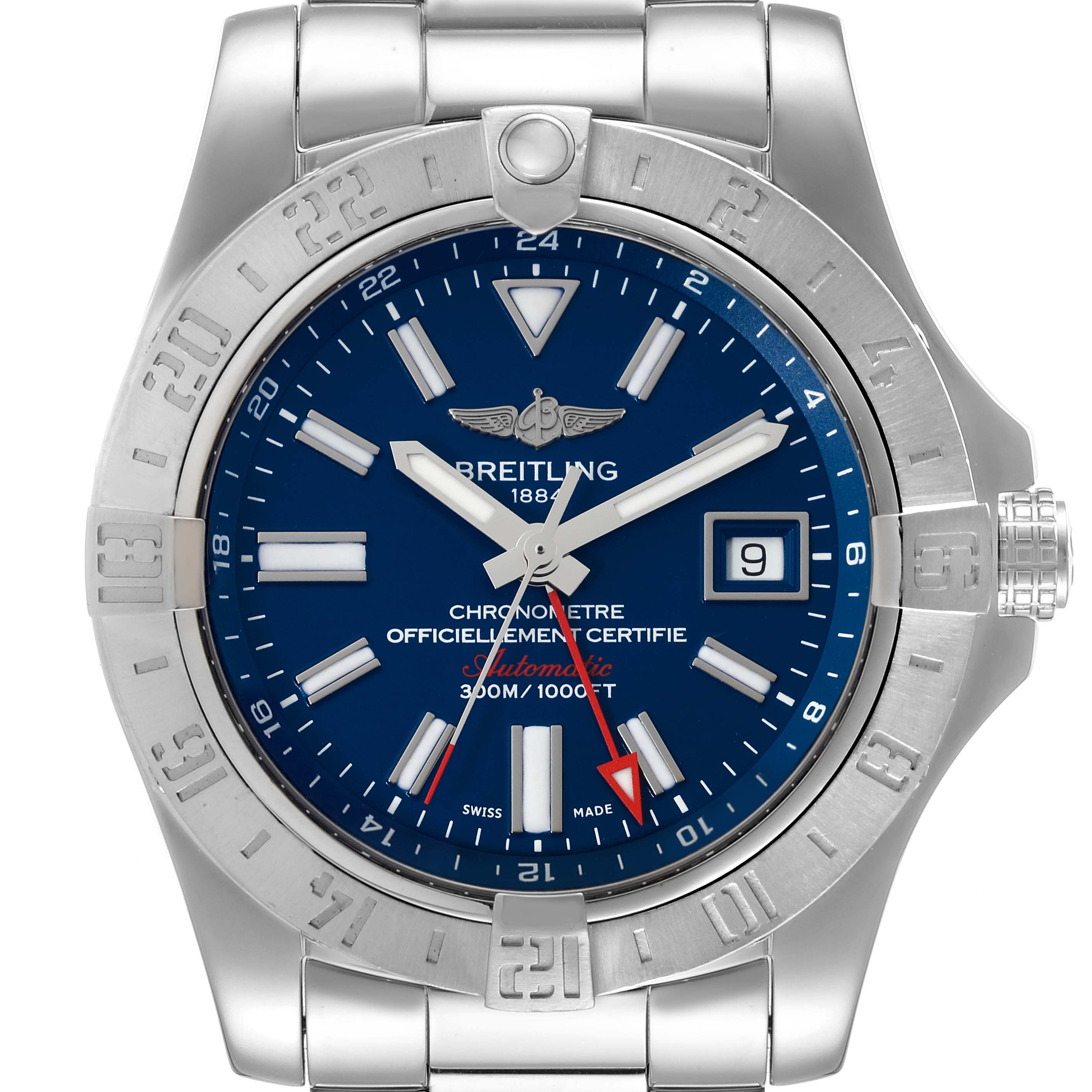 The image shows a front view of a Breitling Avenger A32390 Men's Stainless Steel Blue Dial A32390 Men's Stainless Steel Blue Dial watch, displaying the bezel, dial, hands, date window, and part of the bracelet.