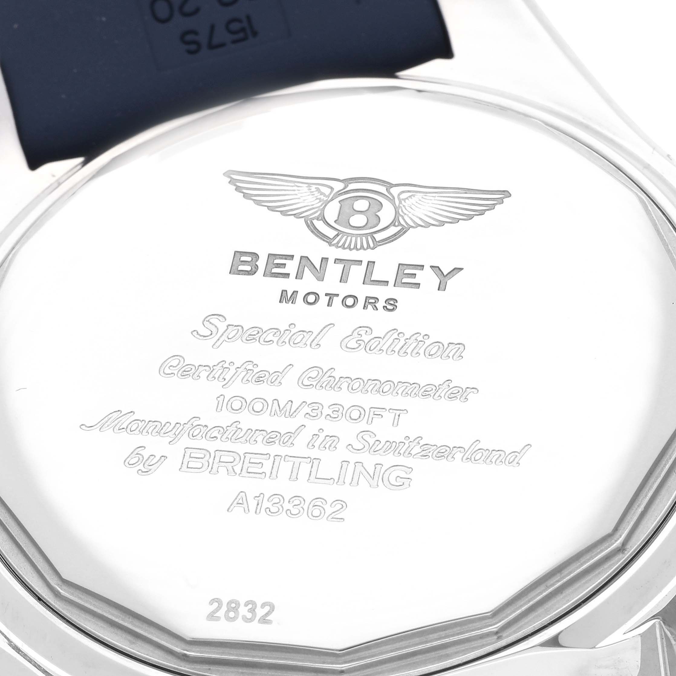 This image shows the case back of a Bentley model watch by Breitling, highlighting the engravings and specifications.