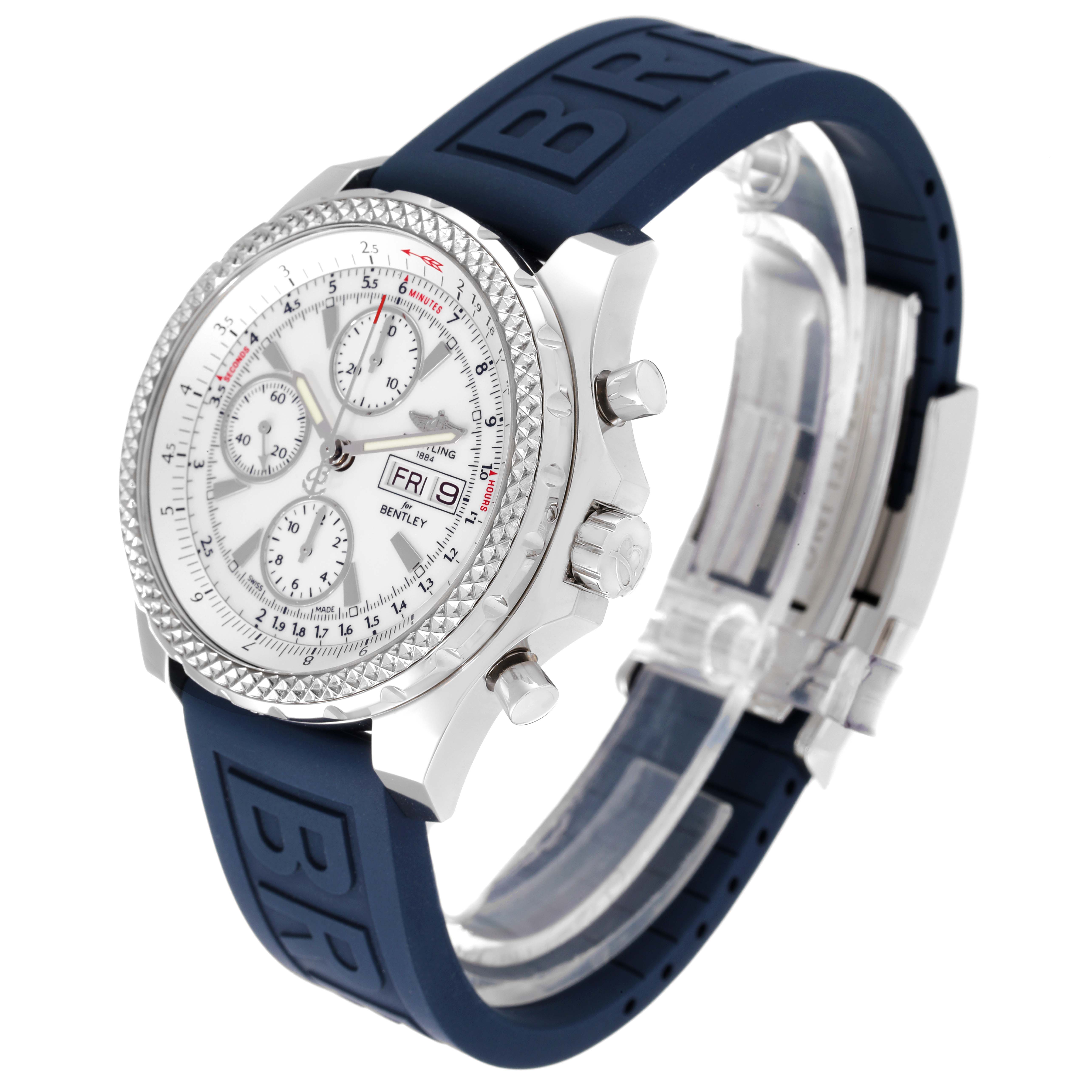 The Breitling Bentley A13362 Men's Stainless Steel White Dial A13362 Men's Stainless Steel White Dial model watch is shown at an angled side view with a focus on its dial, buttons, and navy strap.