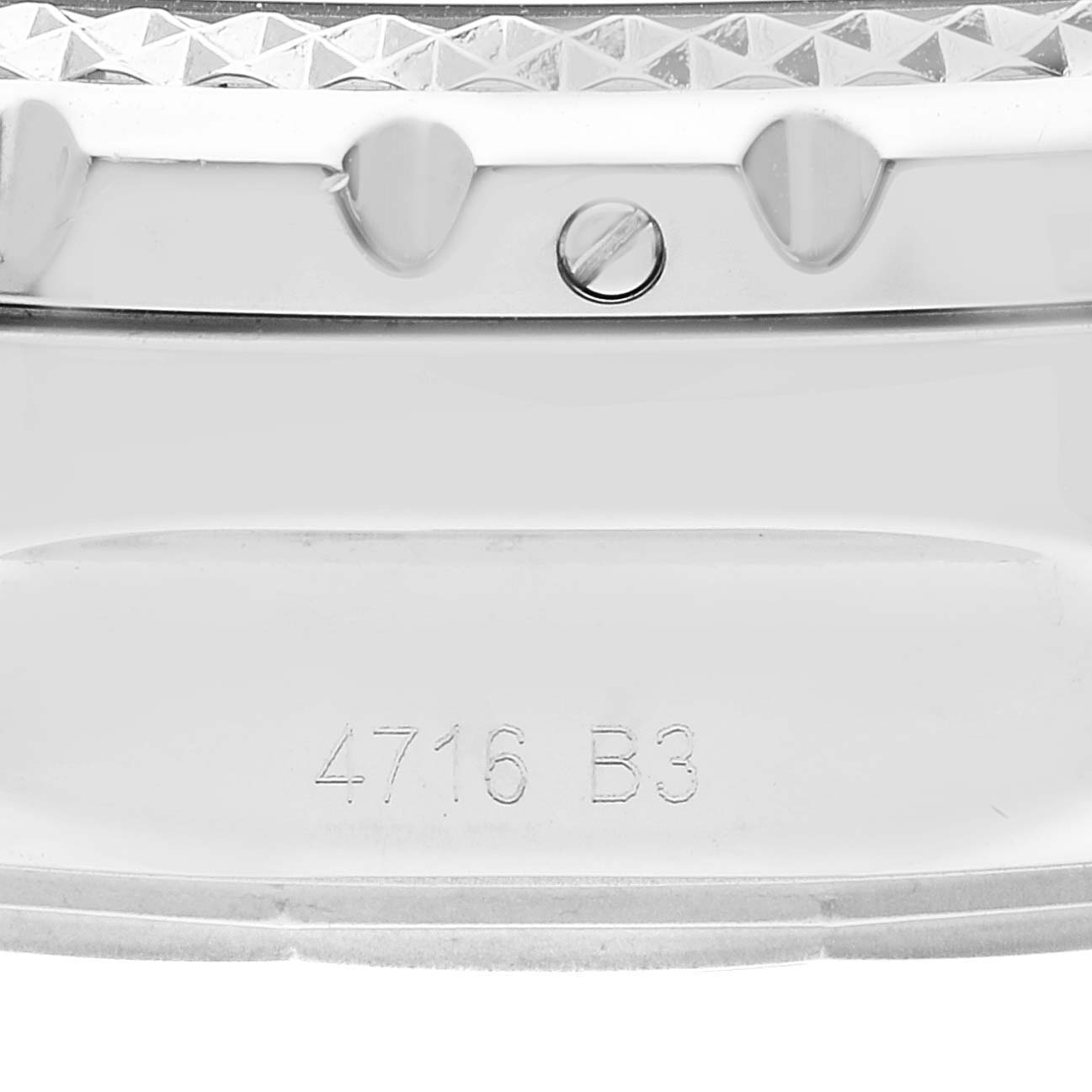 The image shows a close-up of the Breitling Bentley A13362 Men's Stainless Steel White Dial A13362 Men's Stainless Steel White Dial watch bezel and case with the model number "4716 B3" engraved.