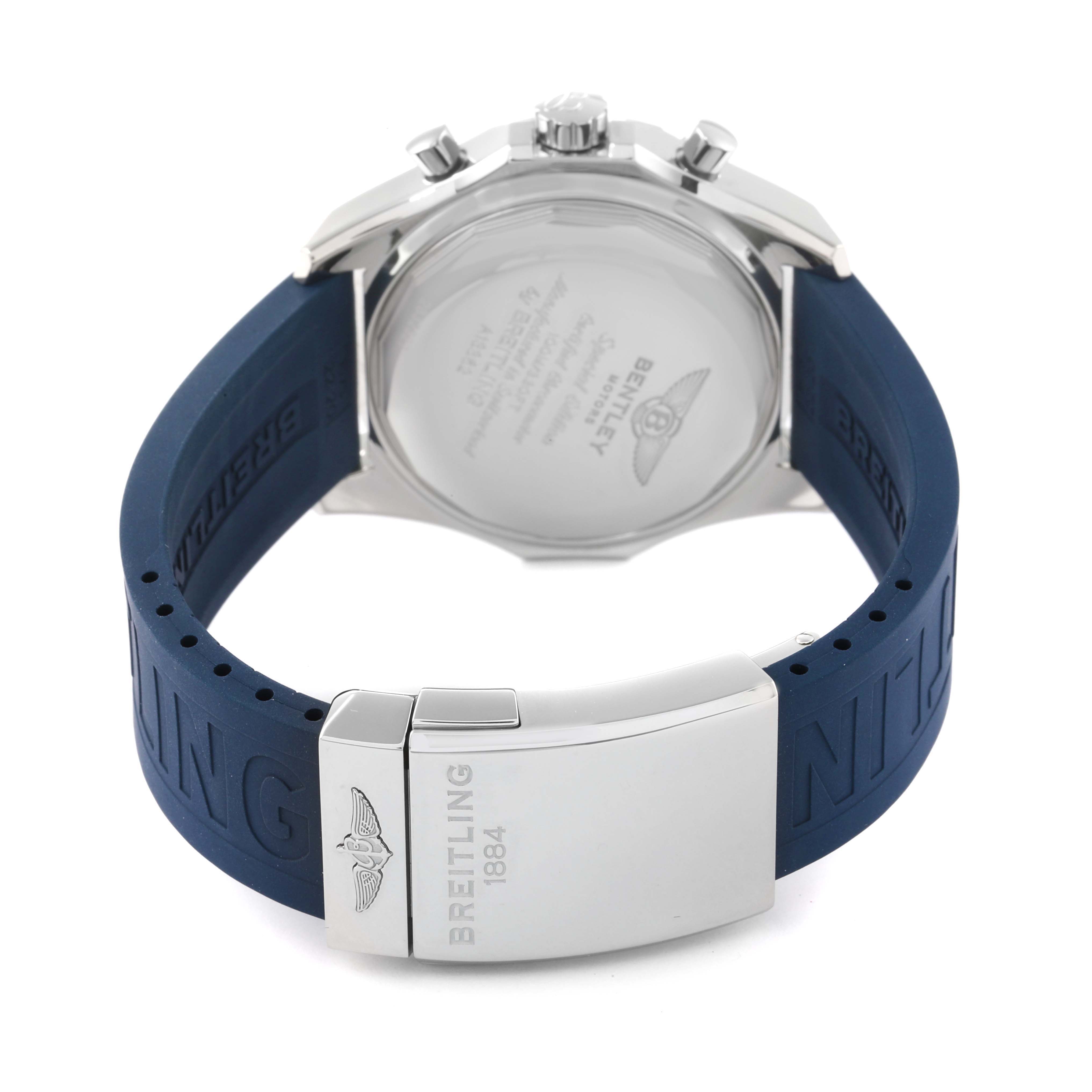The image shows the back view of the Breitling Bentley A13362 Men's Stainless Steel White Dial A13362 Men's Stainless Steel White Dial model watch, focusing on the case back and blue rubber strap with a deployment clasp.