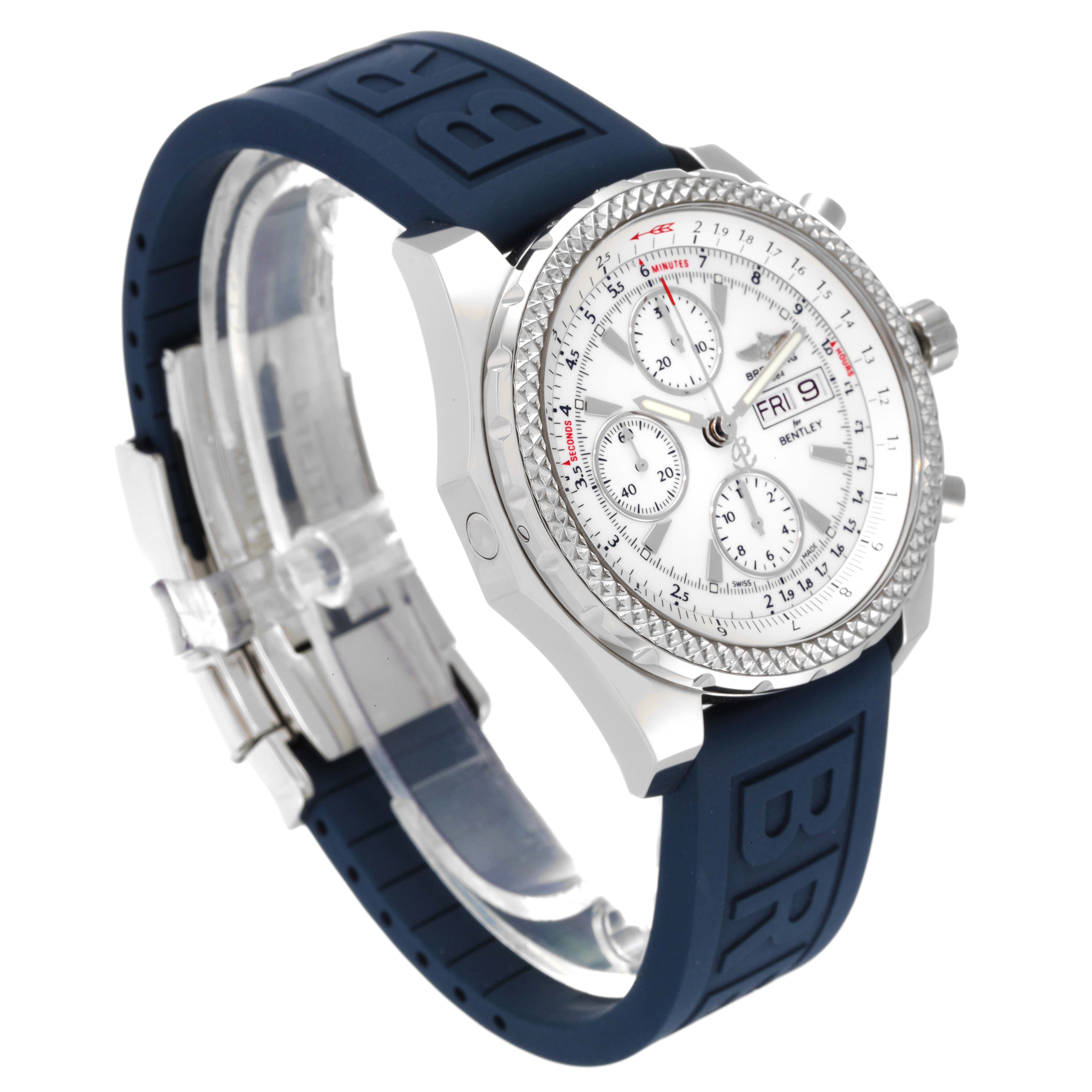 The image shows a Breitling Bentley A13362 Men's Stainless Steel White Dial A13362 Men's Stainless Steel White Dial watch at a side angle, featuring its face, bezel, crown, and blue rubber strap.