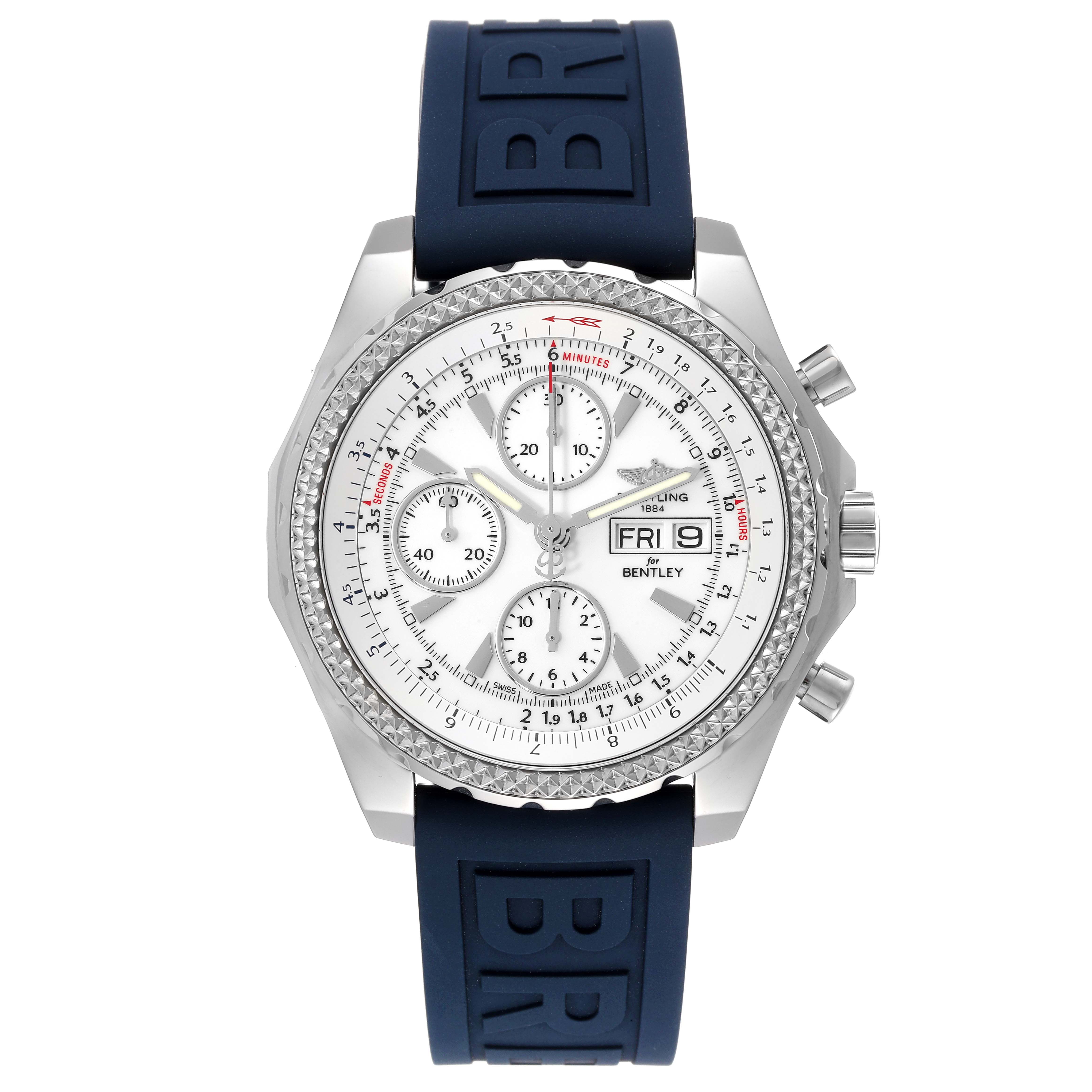 This front-facing image displays the full face and rubber strap of the Breitling Bentley A13362 Men's Stainless Steel White Dial A13362 Men's Stainless Steel White Dial model watch.