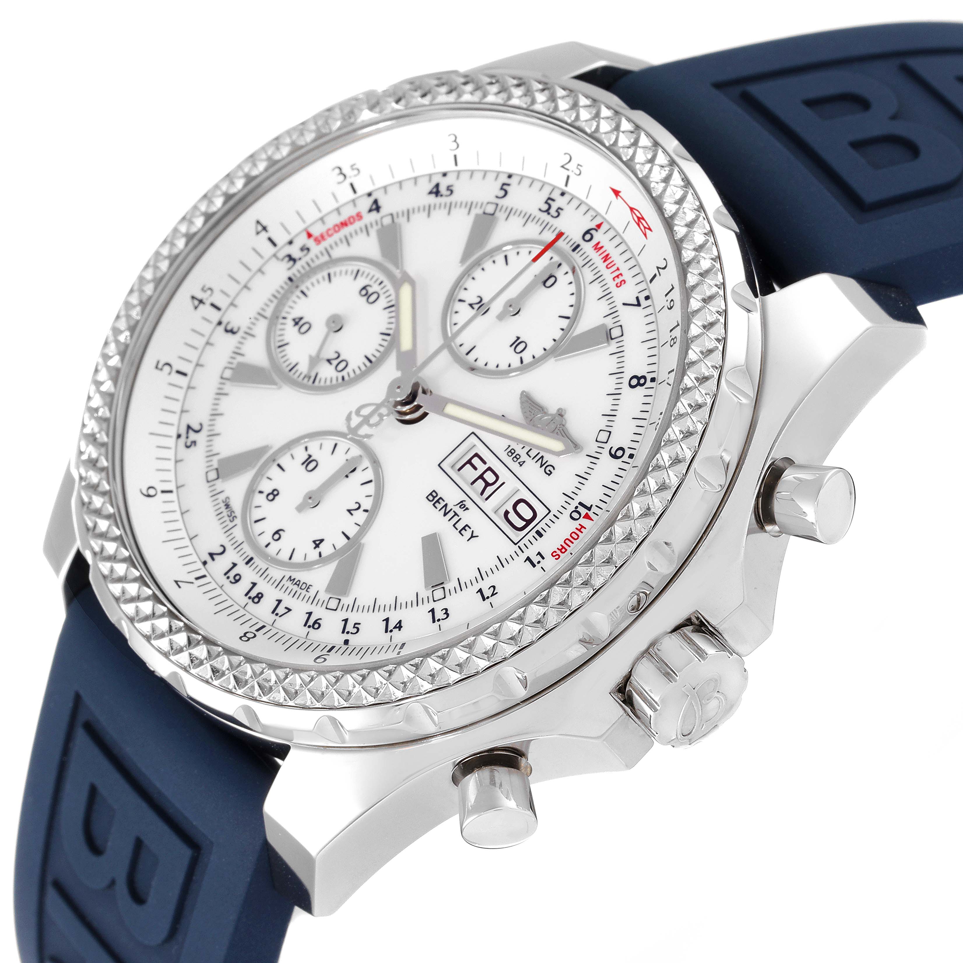 The Bentley model by Breitling is shown at an oblique angle, displaying the face, chronograph dials, bezel, and pushers.