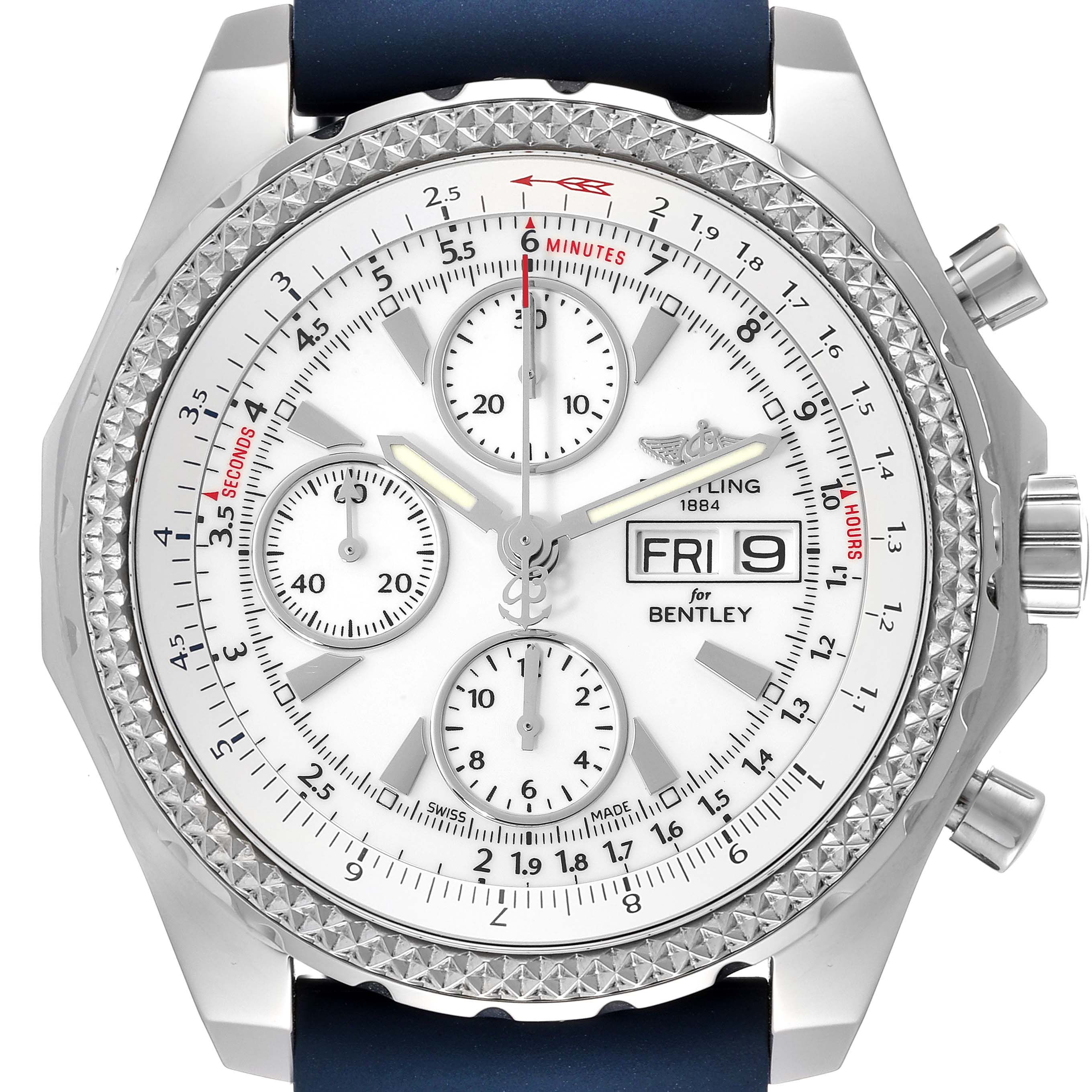 A frontal view of the Bentley model by Breitling, showing the dial, subdials, crown, and pushers.