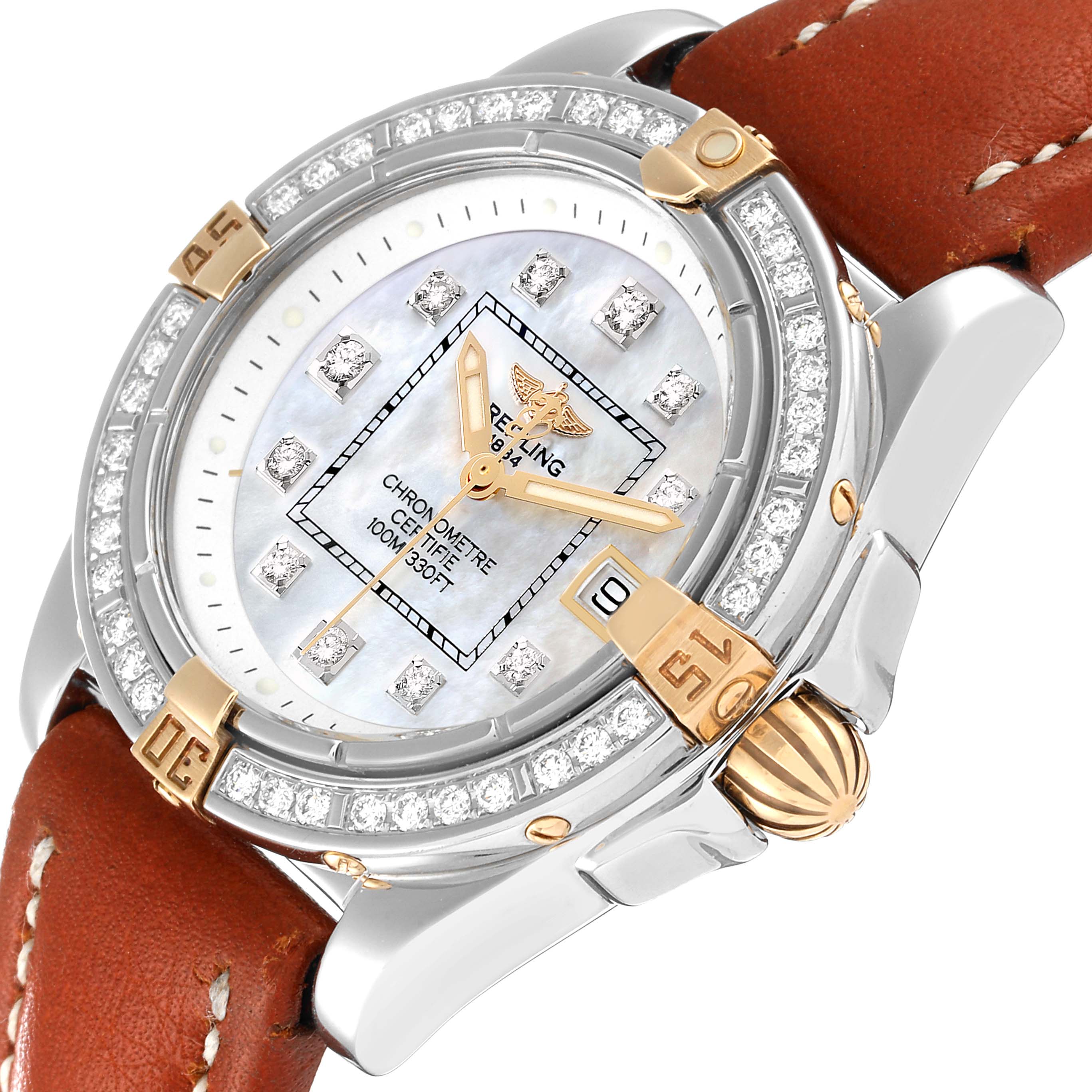 The image shows a Breitling B71356 Women's Steel and Gold (two tone) Mother of Pearl Dial B71356 Women's Steel and Gold (two tone) Mother of Pearl Dial B71356 Cockpit Steel Yellow Gold Diamond Bezel MOP Dial Ladies Watch at a slight angle, highlighting the bezel and dial.
