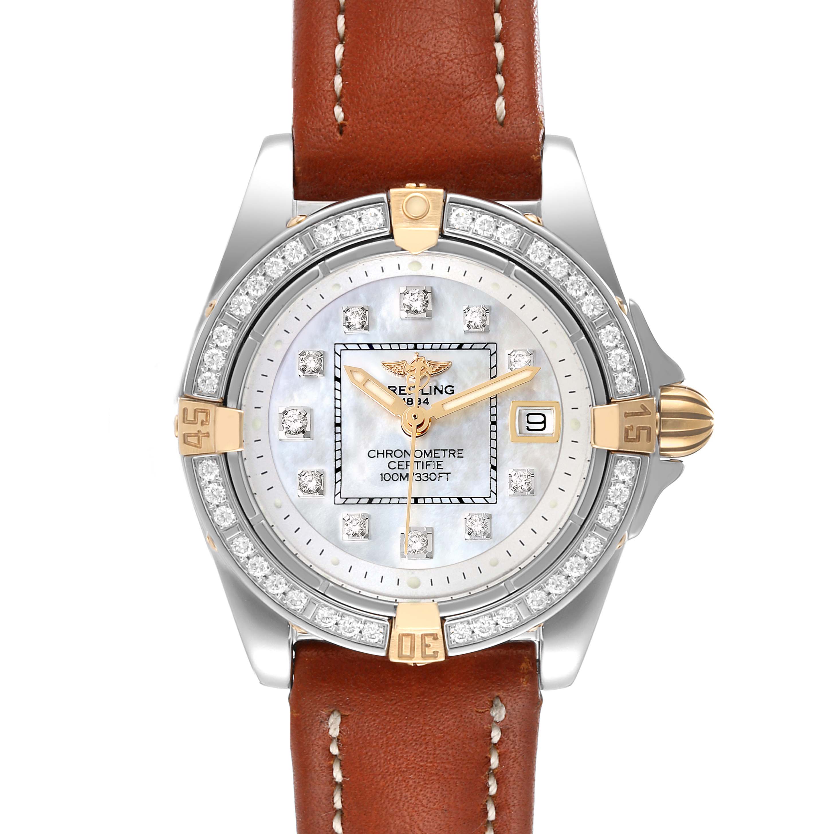 The Breitling B71356 Women's Steel and Gold (two tone) Mother of Pearl Dial B71356 Women's Steel and Gold (two tone) Mother of Pearl Dial Cockpit Steel Yellow Gold Diamond Bezel MOP Dial Ladies Watch B71356 is shown from a top view, highlighting its bezel, dial, and leather strap.