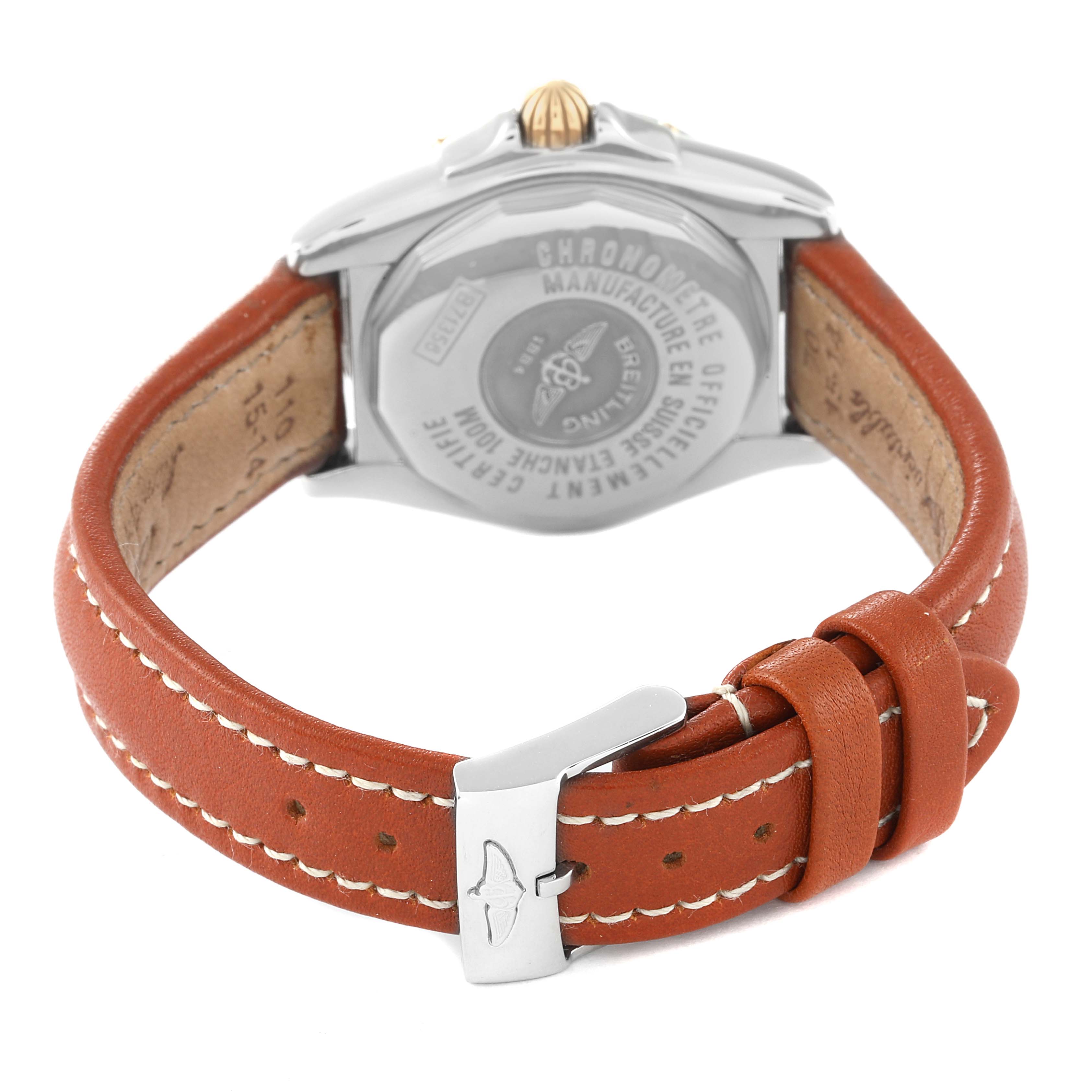 This image shows the back and strap of the Breitling B71356 Women's Steel and Gold (two tone) Mother of Pearl Dial B71356 Women's Steel and Gold (two tone) Mother of Pearl Dial Cockpit Steel Yellow Gold Diamond Bezel MOP Dial Ladies Watch B71356 model.