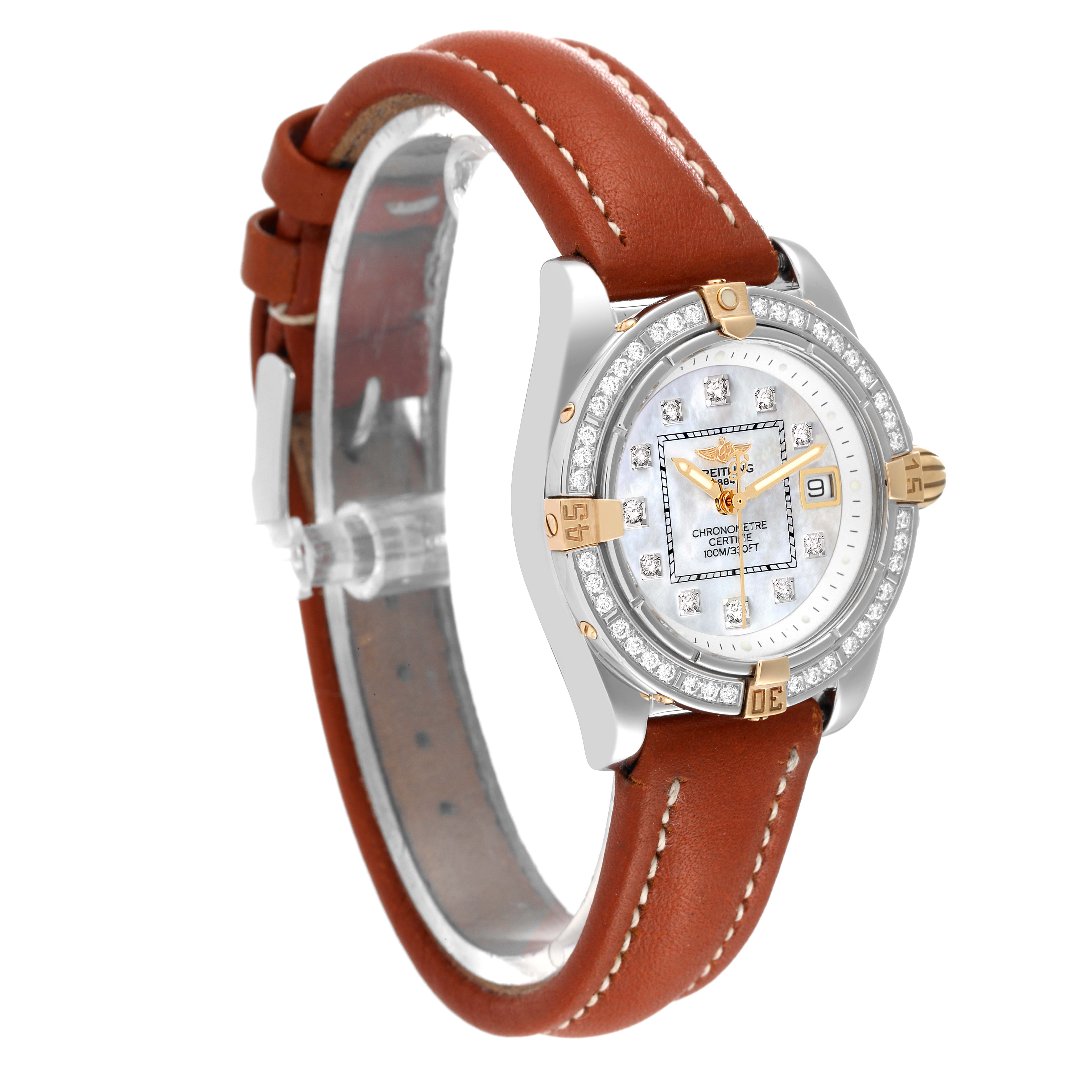 The Breitling B71356 Women's Steel and Gold (two tone) Mother of Pearl Dial B71356 Women's Steel and Gold (two tone) Mother of Pearl Dial Cockpit Steel Yellow Gold Diamond Bezel MOP Dial Ladies Watch B71356 is shown at an oblique angle, highlighting its bezel and strap.