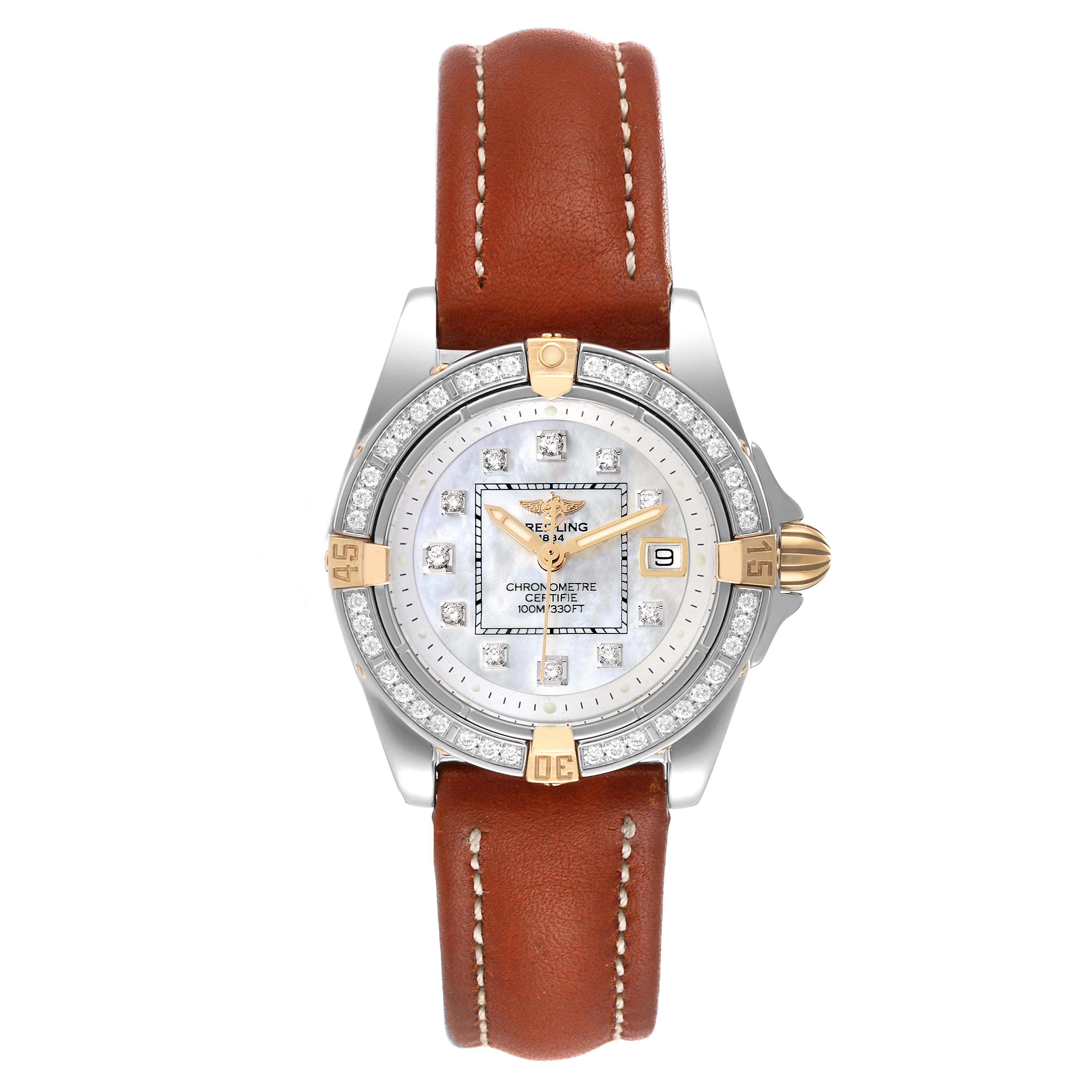 The image shows a front view of the Breitling B71356 Women's Steel and Gold (two tone) Mother of Pearl Dial B71356 Women's Steel and Gold (two tone) Mother of Pearl Dial Cockpit Steel Yellow Gold Diamond Bezel MOP Dial Ladies Watch B71356 with a brown leather strap.