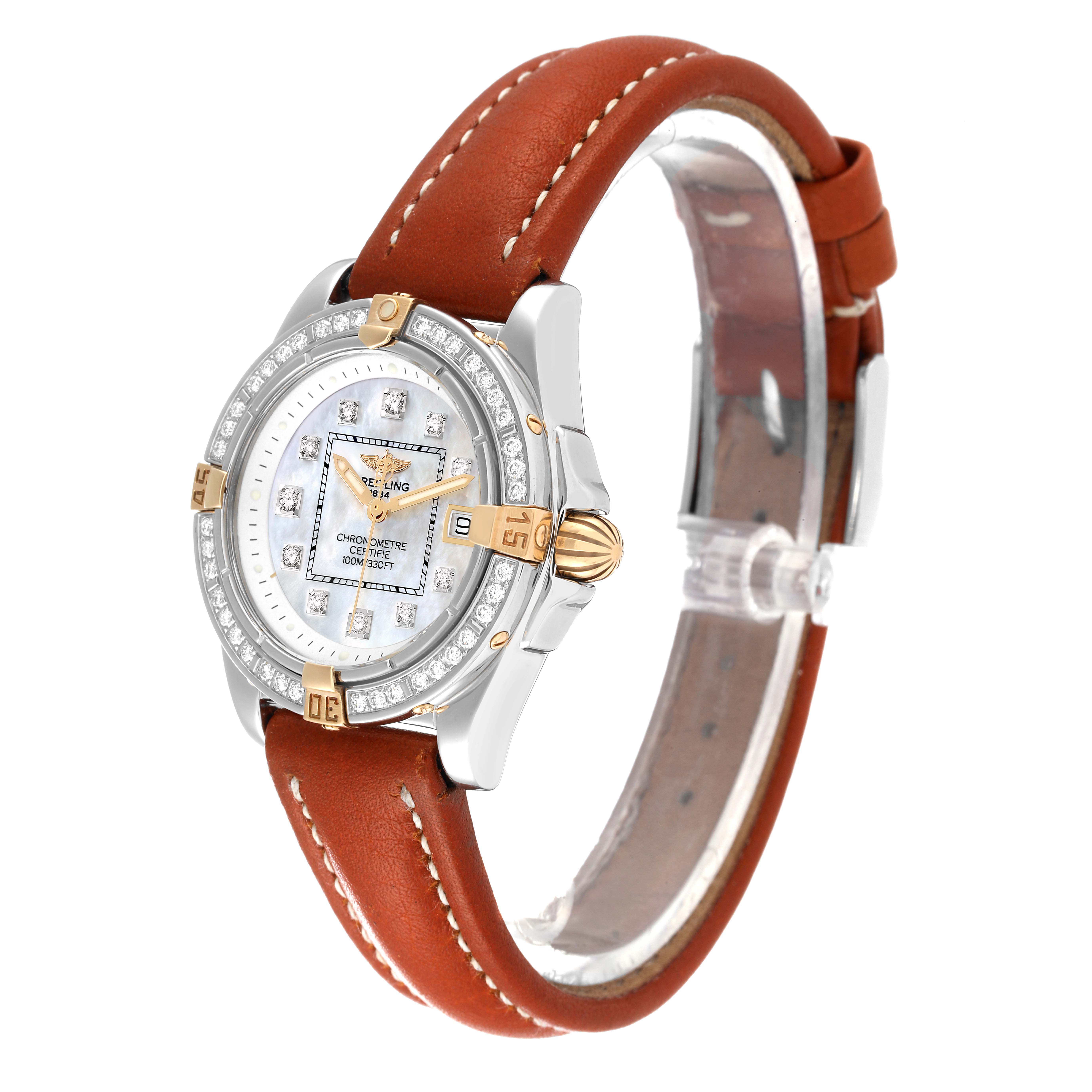 The Breitling B71356 Women's Steel and Gold (two tone) Mother of Pearl Dial B71356 Women's Steel and Gold (two tone) Mother of Pearl Dial B71356 model is shown at a 3/4 angle, highlighting its diamond bezel, MOP dial, and brown leather strap.