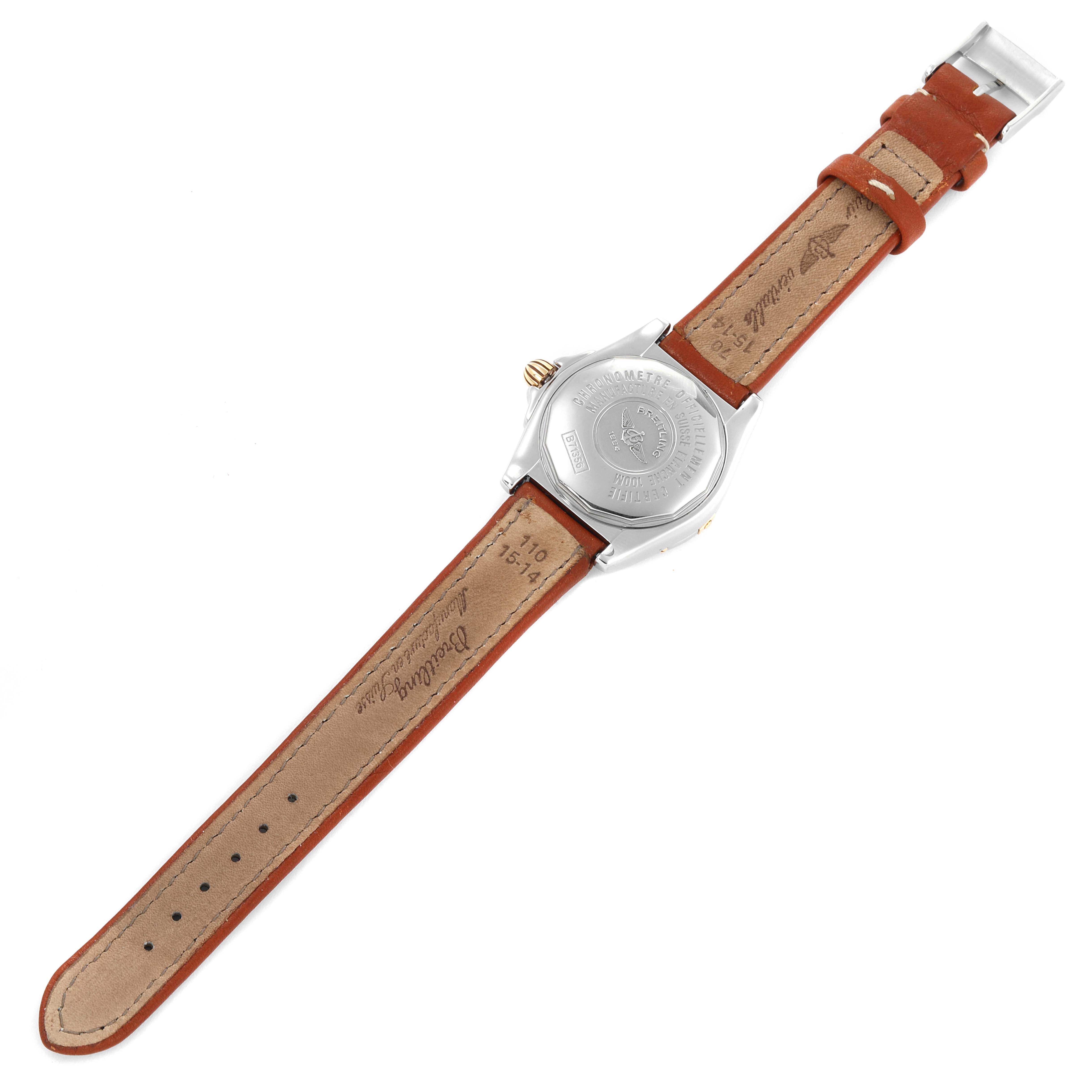 The image shows the back and strap of the Breitling B71356 Women's Steel and Gold (two tone) Mother of Pearl Dial B71356 Women's Steel and Gold (two tone) Mother of Pearl Dial B71356 Cockpit Steel Yellow Gold Diamond Bezel MOP Dial Ladies Watch.