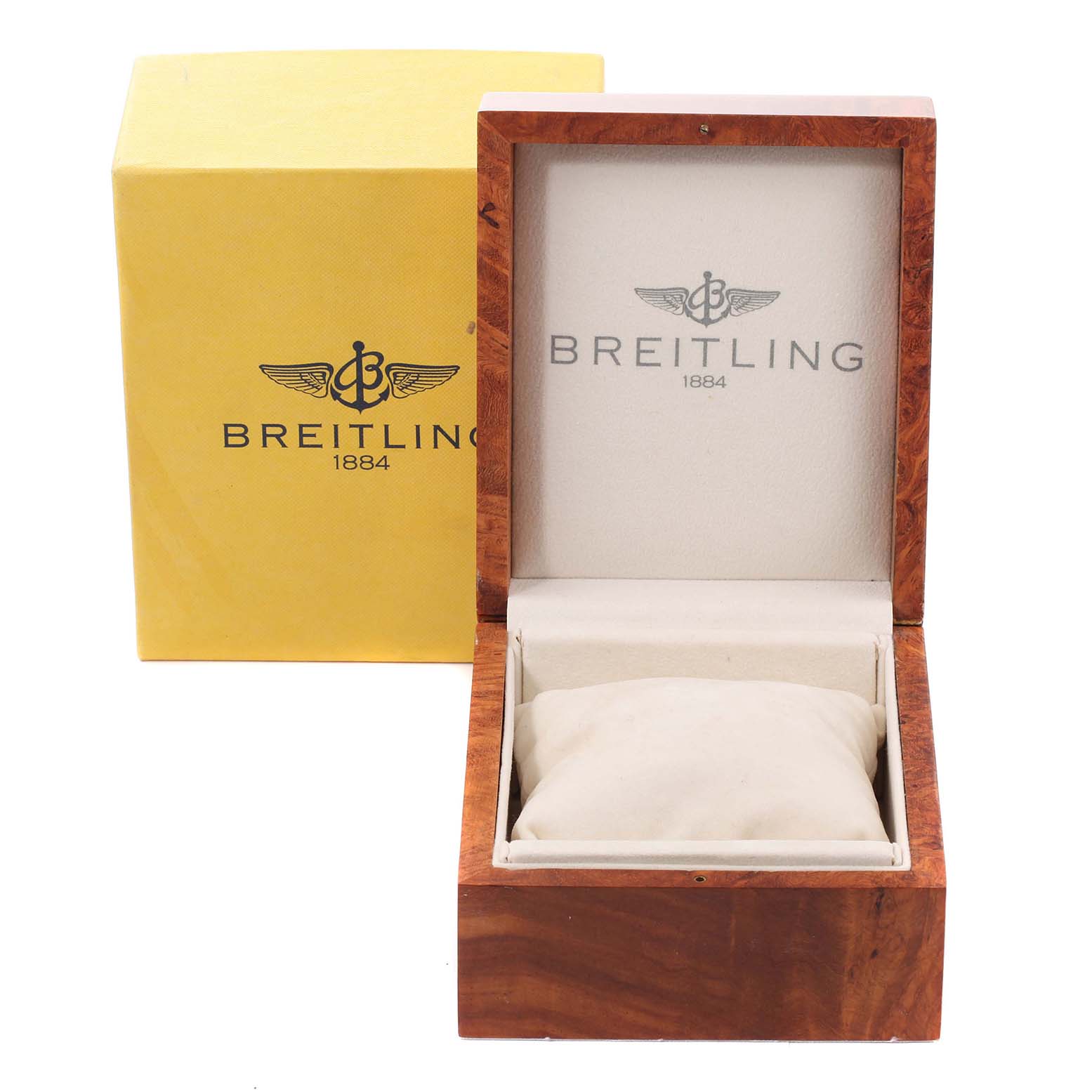 The image shows the open wooden box and yellow outer box of the Breitling B71356 Women's Steel and Gold (two tone) Mother of Pearl Dial B71356 Women's Steel and Gold (two tone) Mother of Pearl Dial Cockpit Steel Yellow Gold Diamond Bezel MOP Dial Ladies Watch B71356.