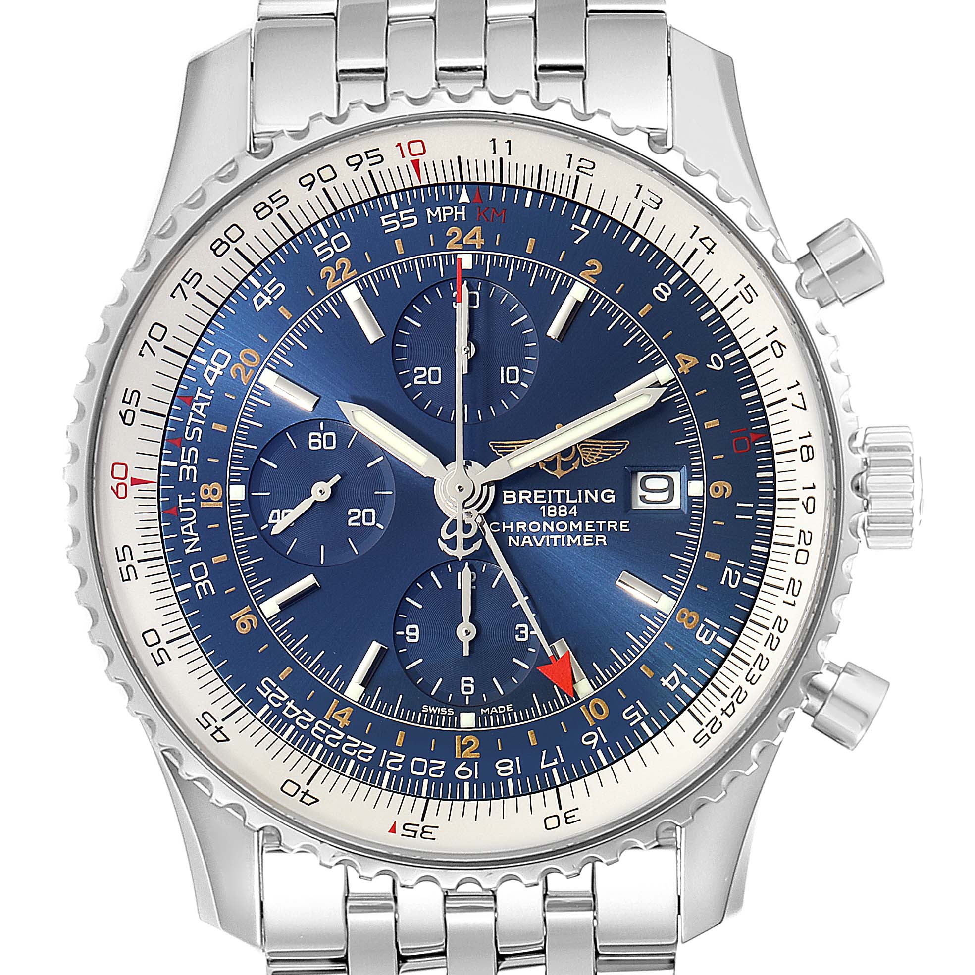 This image shows a front view of a Breitling Navitimer A24322 Men's Stainless Steel Blue Dial A24322 Men's Stainless Steel Blue Dial watch, featuring its blue dial, chronograph subdials, and stainless steel bracelet.