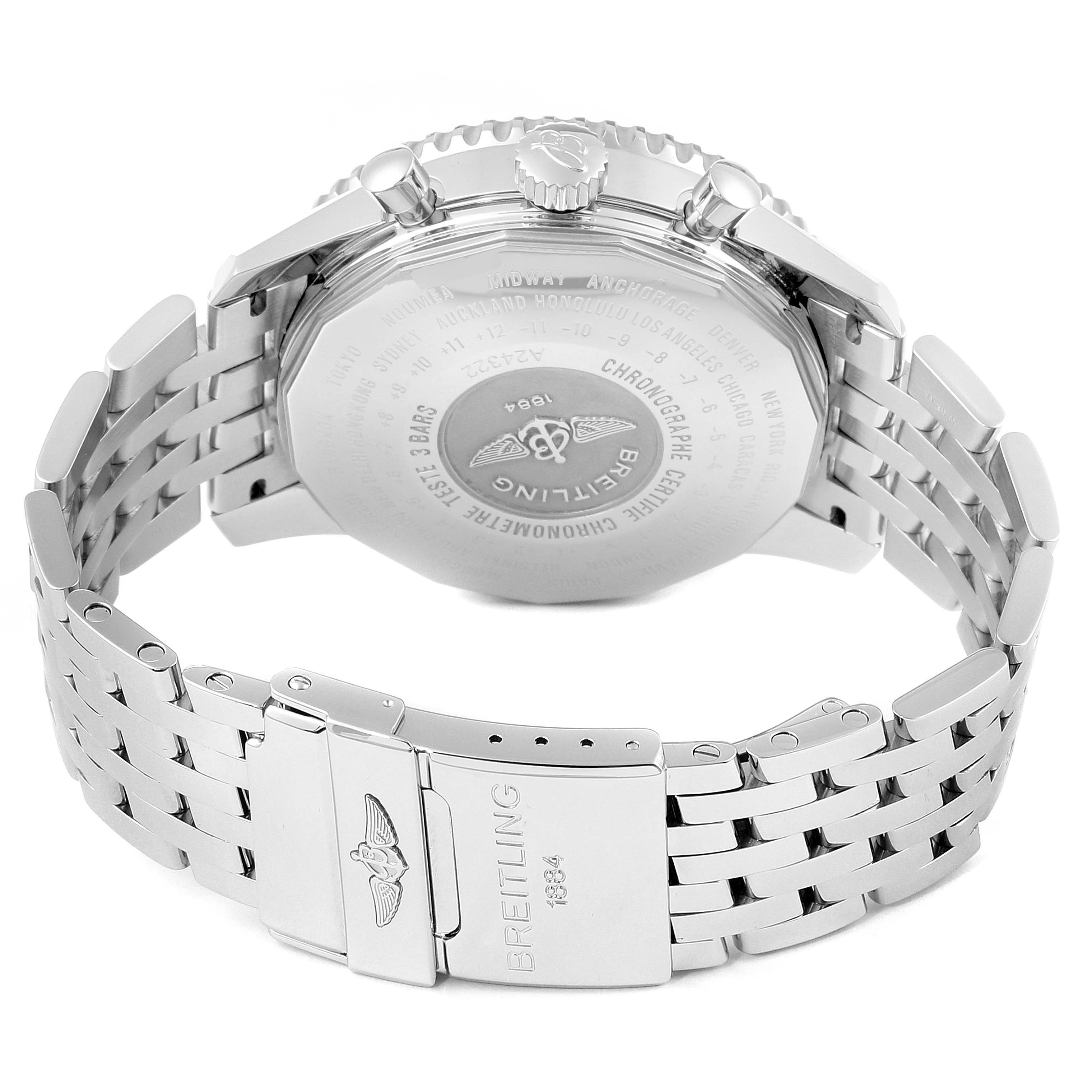 This image shows the back and clasp of a Breitling Navitimer A24322 Men's Stainless Steel Blue Dial A24322 Men's Stainless Steel Blue Dial watch, highlighting its engraved case and metal bracelet.