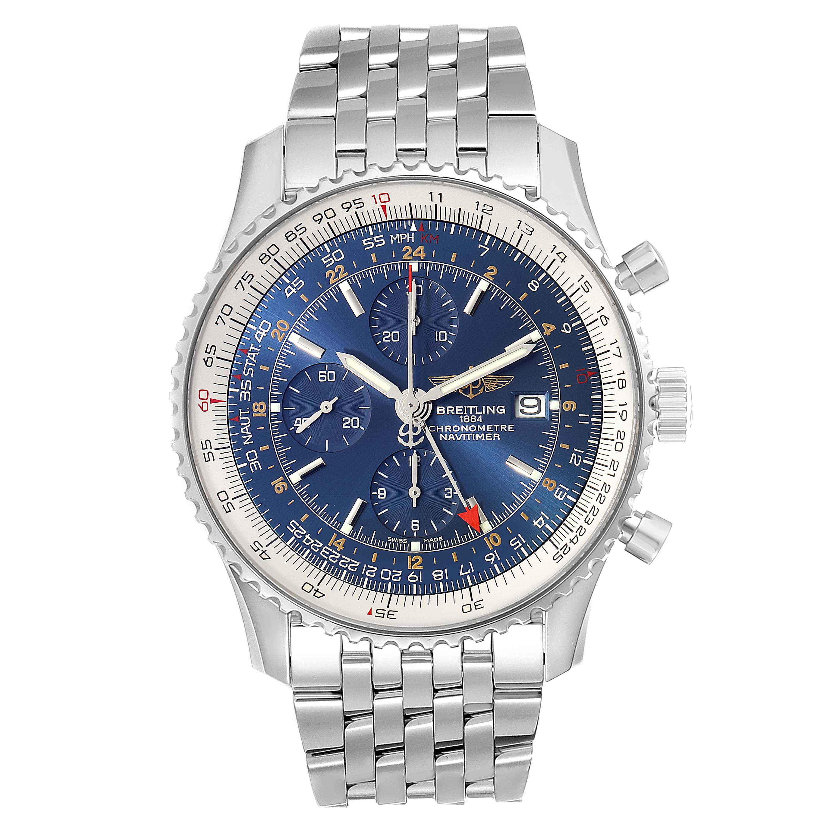 The image shows a frontal view of a Breitling Navitimer A24322 Men's Stainless Steel Blue Dial A24322 Men's Stainless Steel Blue Dial watch, displaying its blue dial, chronograph subdials, and stainless steel bracelet.