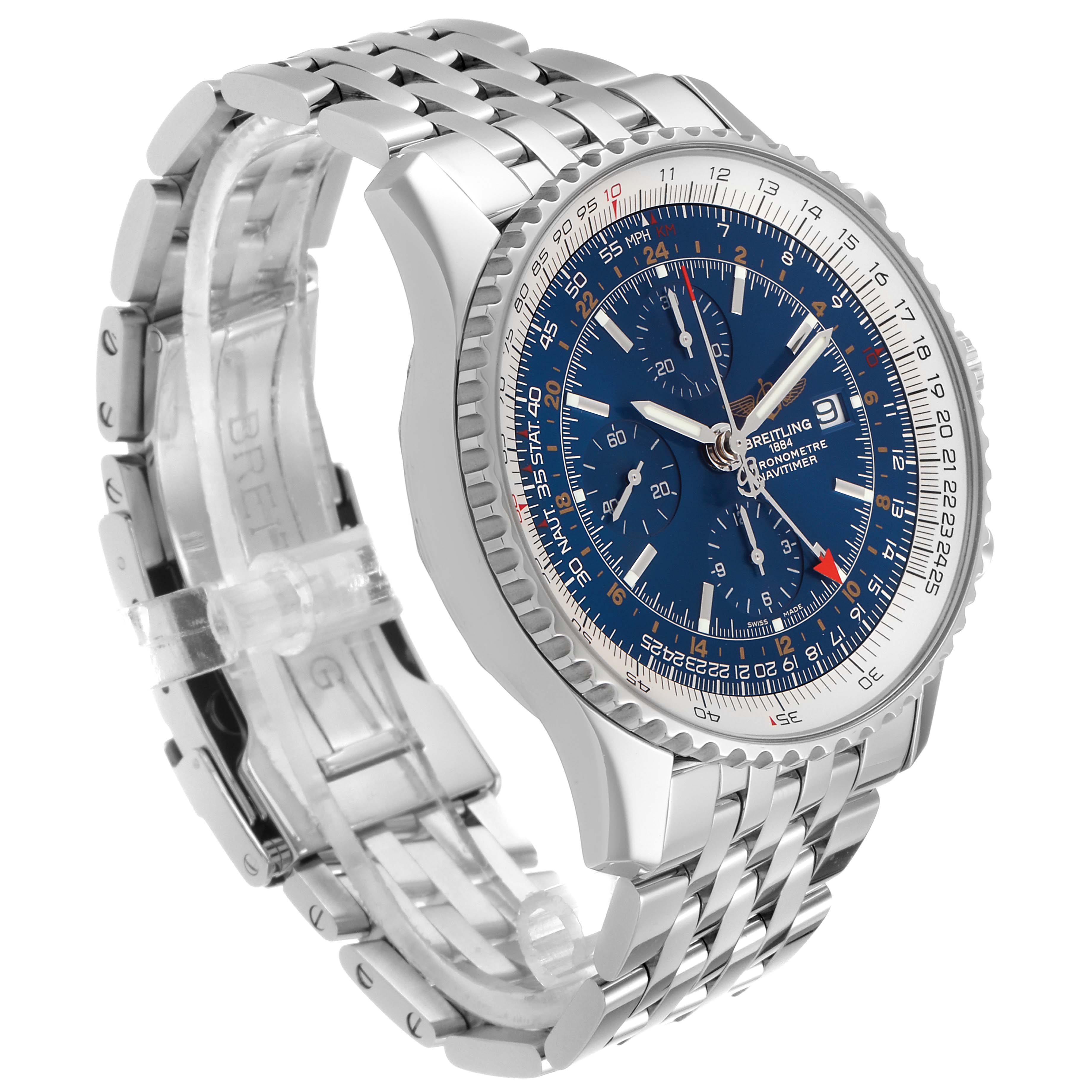 The image shows a Breitling Navitimer A24322 Men's Stainless Steel Blue Dial A24322 Men's Stainless Steel Blue Dial watch at an angled view, highlighting its blue dial, silver bezel, and metal bracelet.