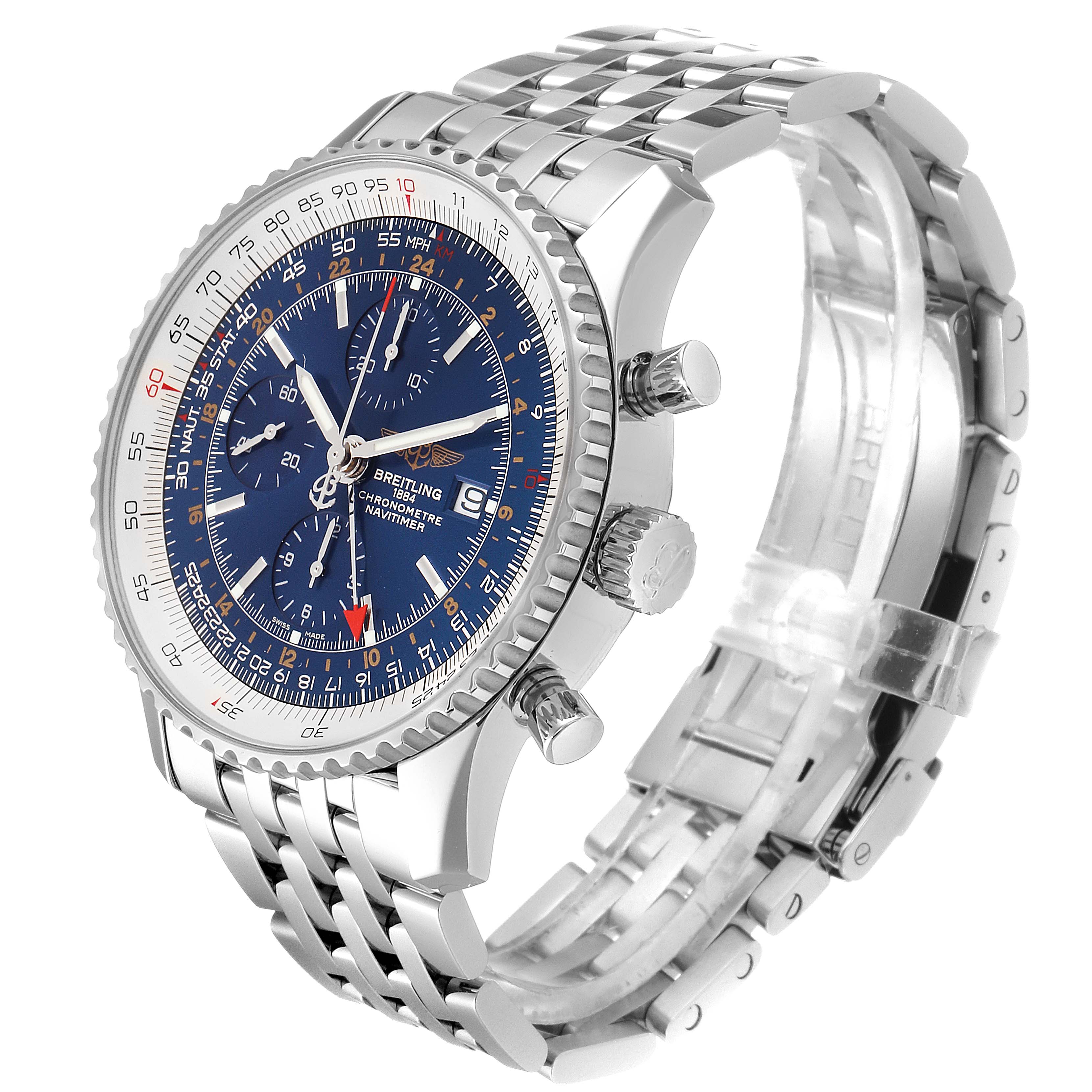 The image shows a side angle of the Breitling Navitimer A24322 Men's Stainless Steel Blue Dial A24322 Men's Stainless Steel Blue Dial watch, highlighting its face, bezel, crown, and bracelet.
