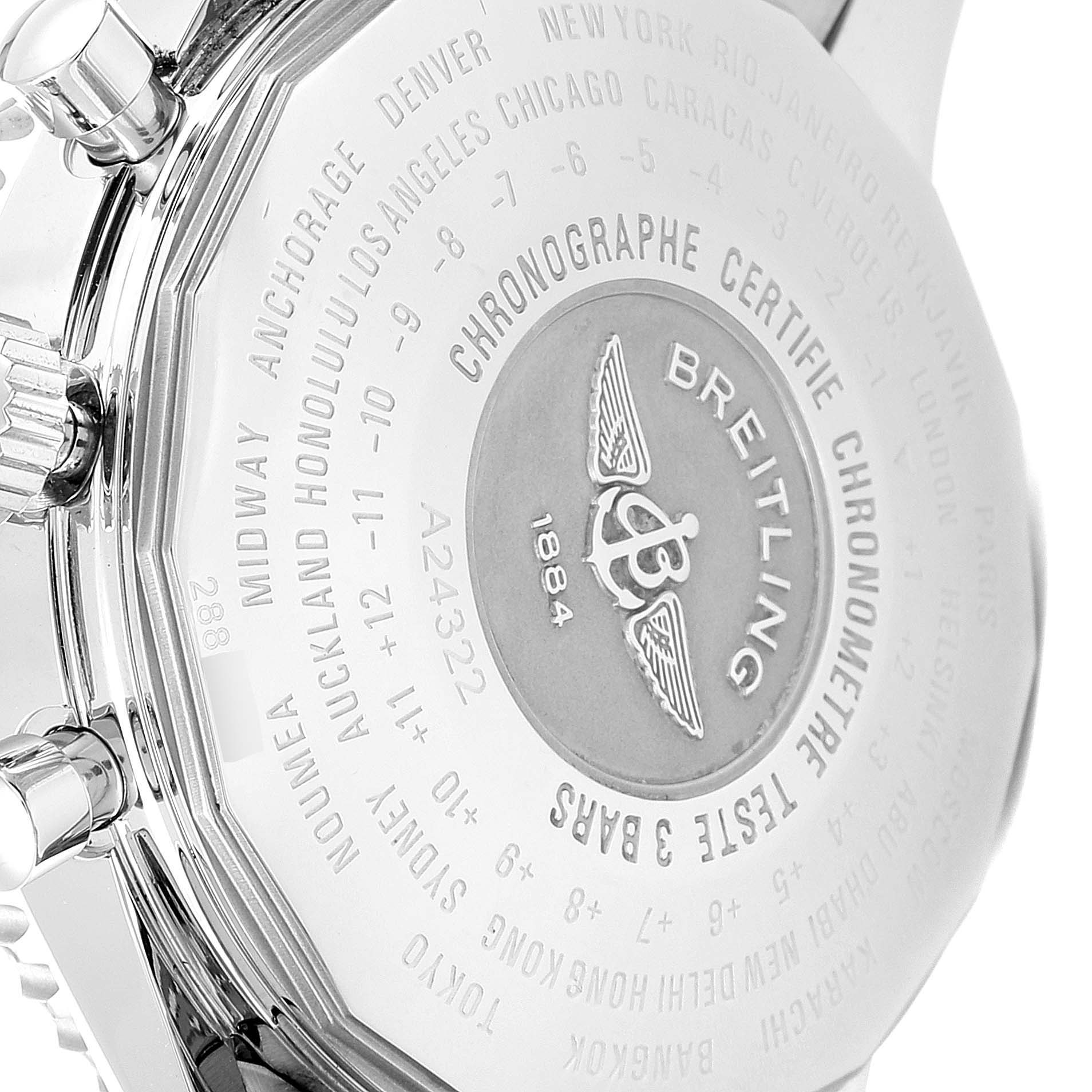 The image shows the back case of a Breitling Navitimer A24322 Men's Stainless Steel Blue Dial A24322 Men's Stainless Steel Blue Dial watch with engravings and timezone indicators.