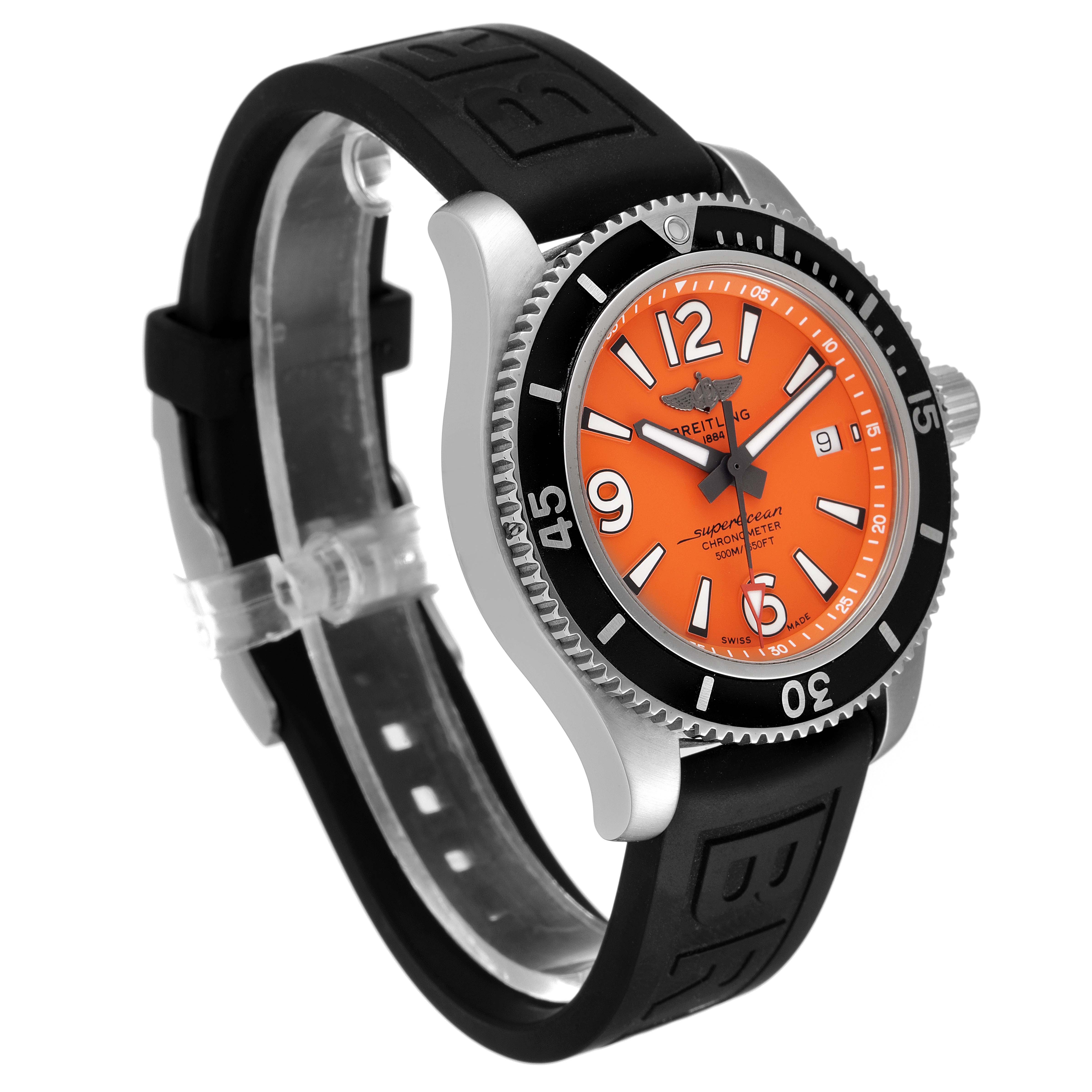 The Breitling Superocean A17366 Men's Stainless Steel Orange Dial A17366 Men's Stainless Steel Orange Dial watch is shown at an oblique angle, highlighting its orange dial, black bezel, and black rubber strap.