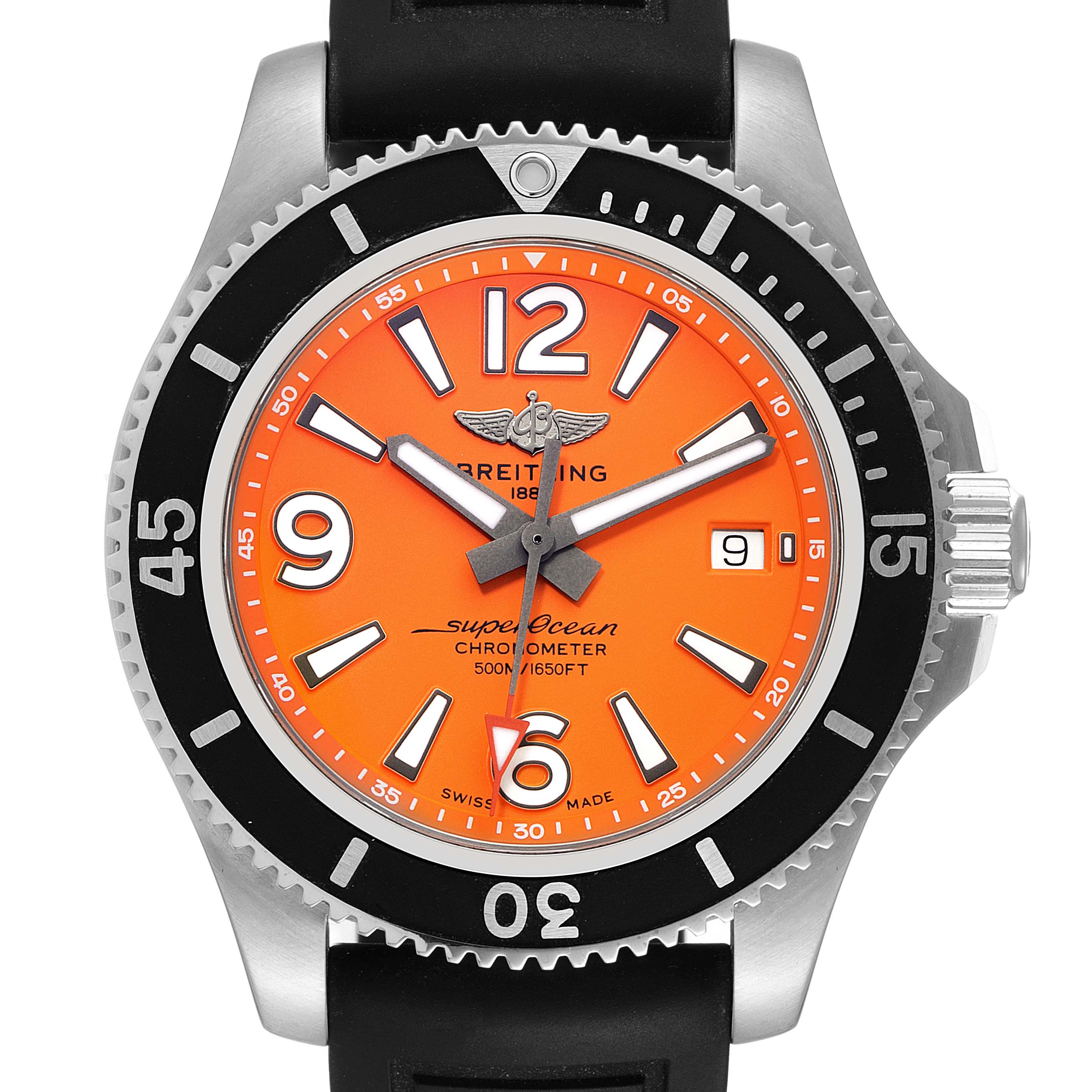 The image shows a frontal view of a Breitling Superocean A17366 Men's Stainless Steel Orange Dial A17366 Men's Stainless Steel Orange Dial watch, highlighting its orange dial, black bezel, and black strap.