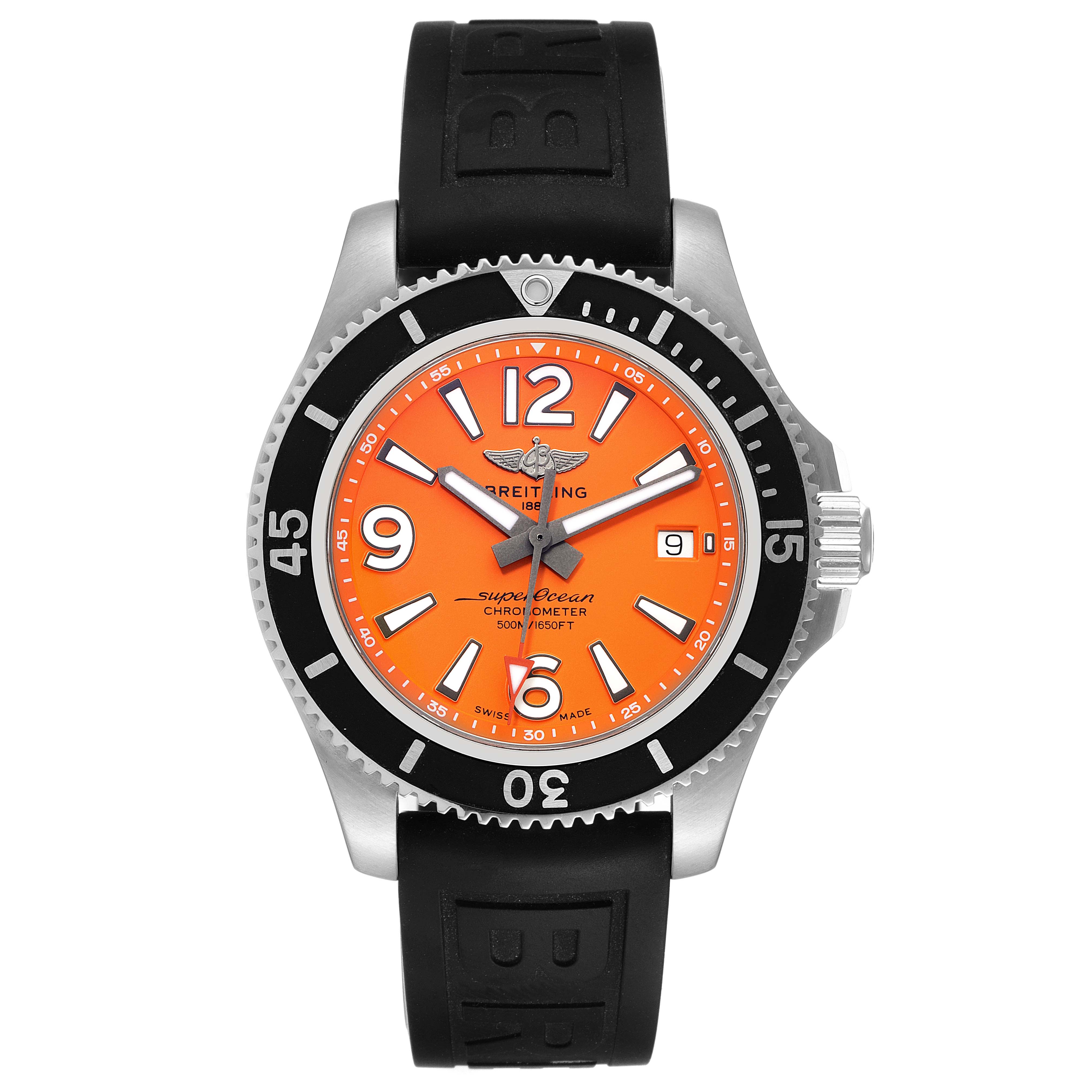 This image shows a Breitling Superocean A17366 Men's Stainless Steel Orange Dial A17366 Men's Stainless Steel Orange Dial watch from a front angle, highlighting its orange dial and black rubber strap.