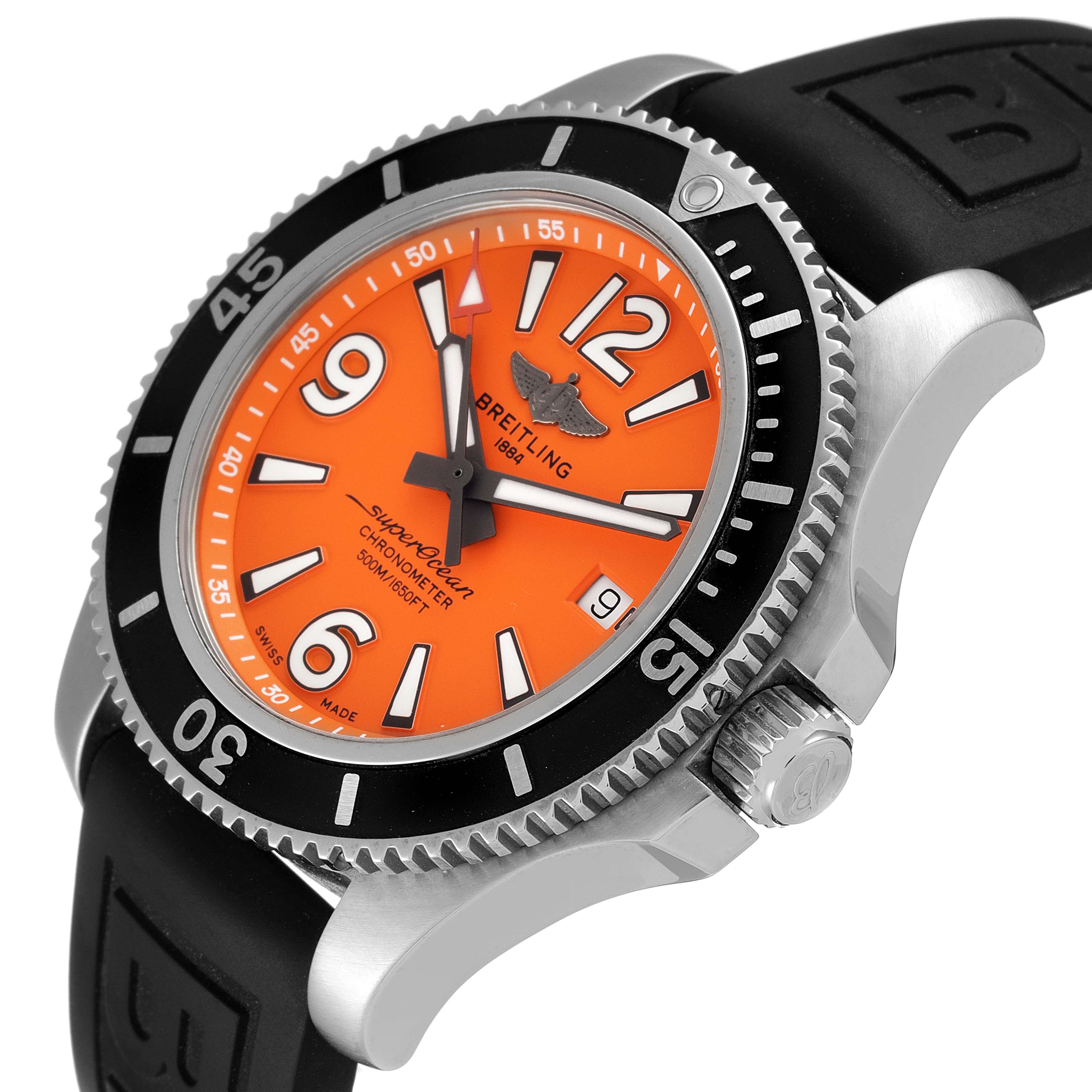 The Breitling Superocean A17366 Men's Stainless Steel Orange Dial A17366 Men's Stainless Steel Orange Dial watch is shown at a three-quarter angle, highlighting the dial, bezel, crown, and strap.