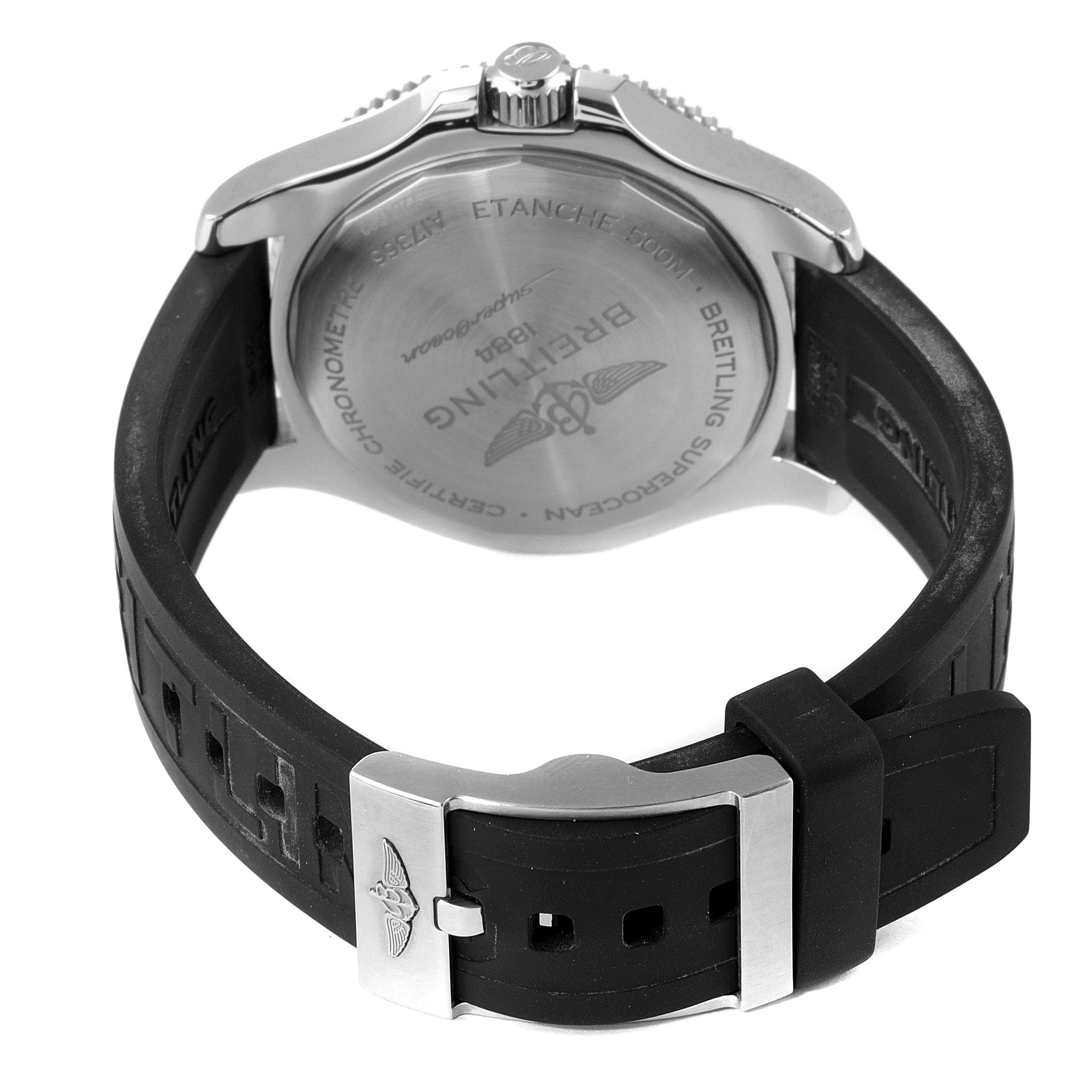 The image shows the back case, crown, and rubber strap of the Breitling Superocean A17366 Men's Stainless Steel Orange Dial A17366 Men's Stainless Steel Orange Dial watch from a slightly angled, rear perspective.