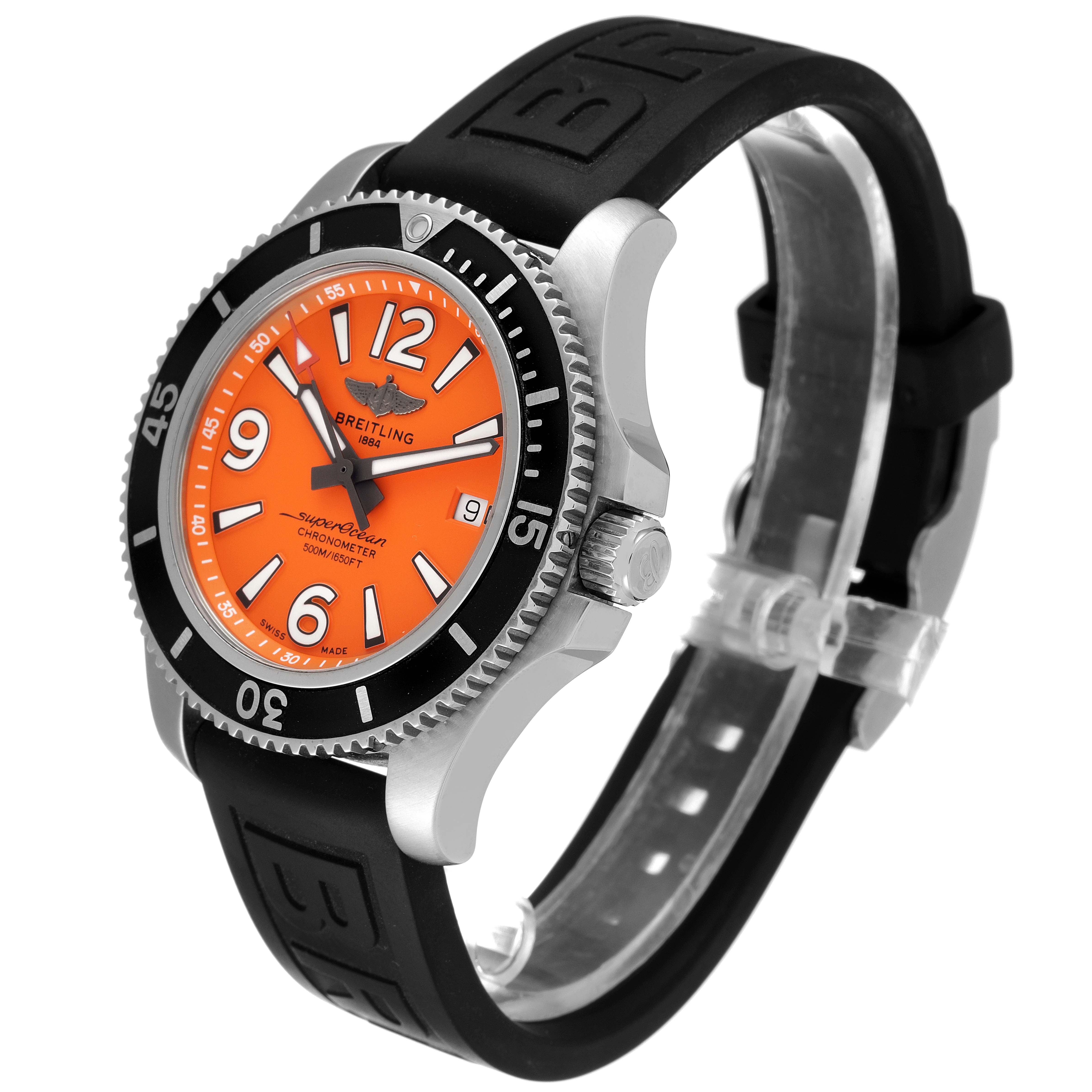 This Breitling Superocean A17366 Men's Stainless Steel Orange Dial A17366 Men's Stainless Steel Orange Dial watch is shown at an angled side view, displaying its orange dial, black bezel, and rubber strap.