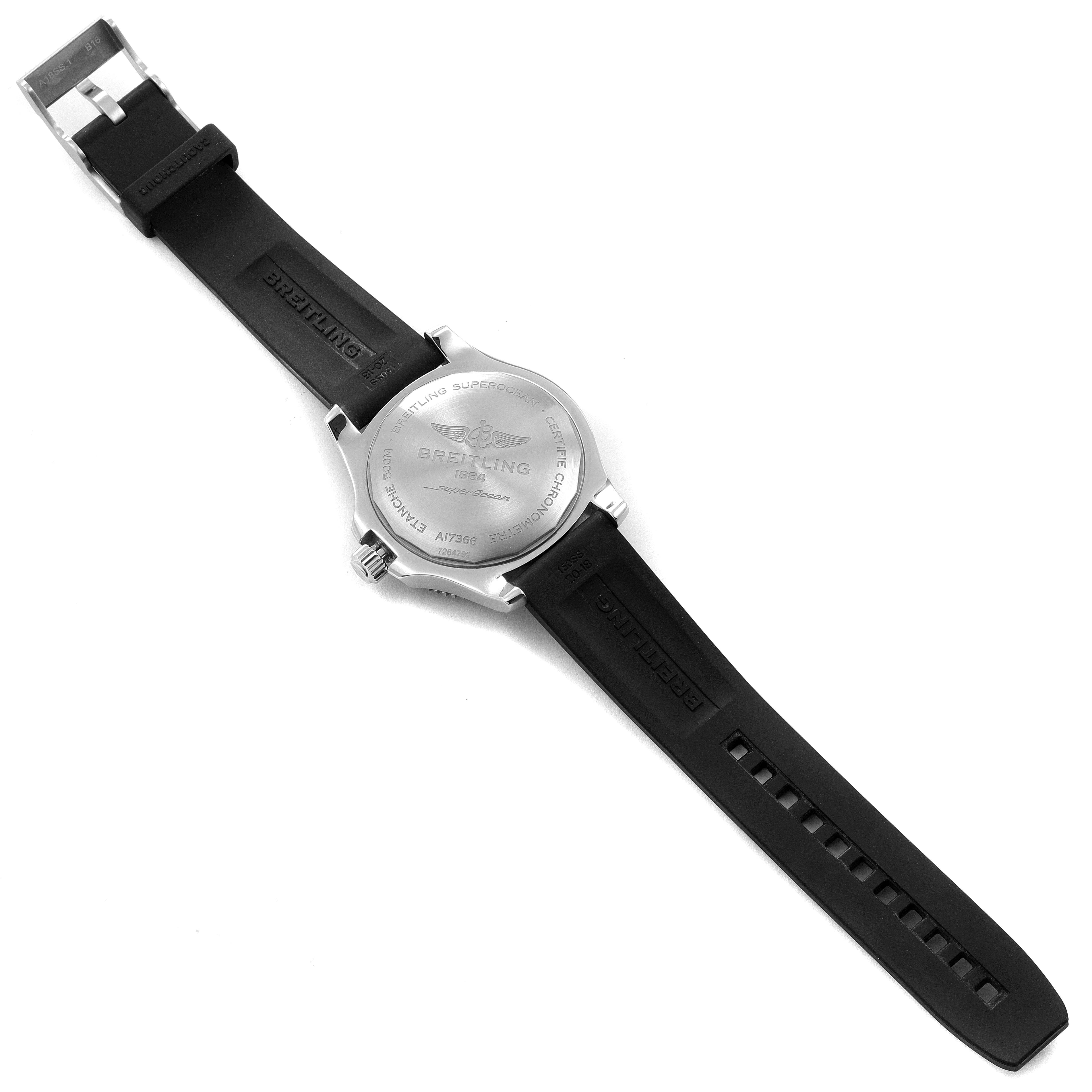 The image shows the back of a Breitling Superocean A17366 Men's Stainless Steel Orange Dial A17366 Men's Stainless Steel Orange Dial watch, including the case back and black rubber straps.