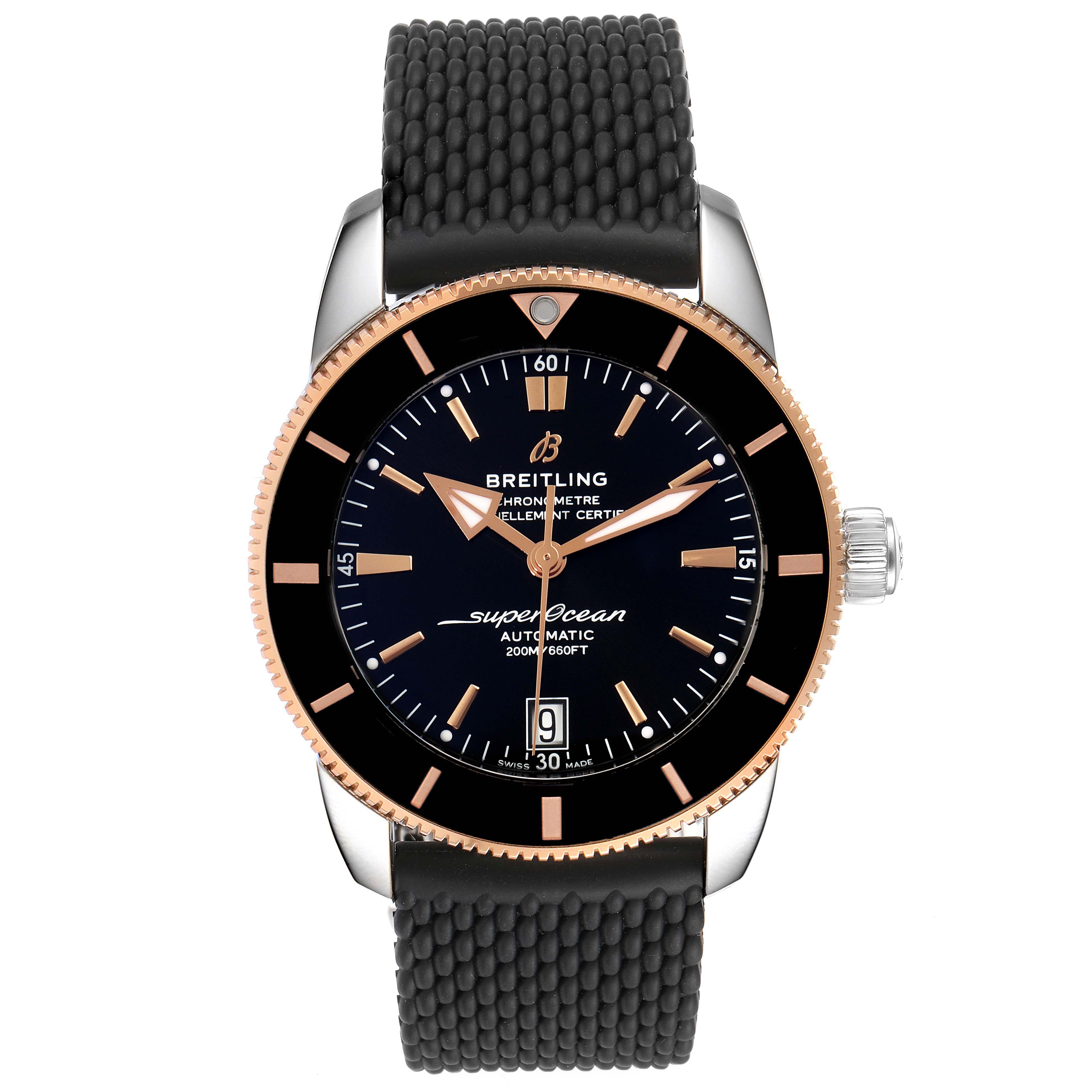 The image shows a frontal view of a Breitling Superocean UB201012/BG53/154A Men's Steel and Gold (two tone) Black Dial UB201012/BG53/154A Men's Steel and Gold (two tone) Black Dial watch, featuring the dial, bezel, crown, and strap.