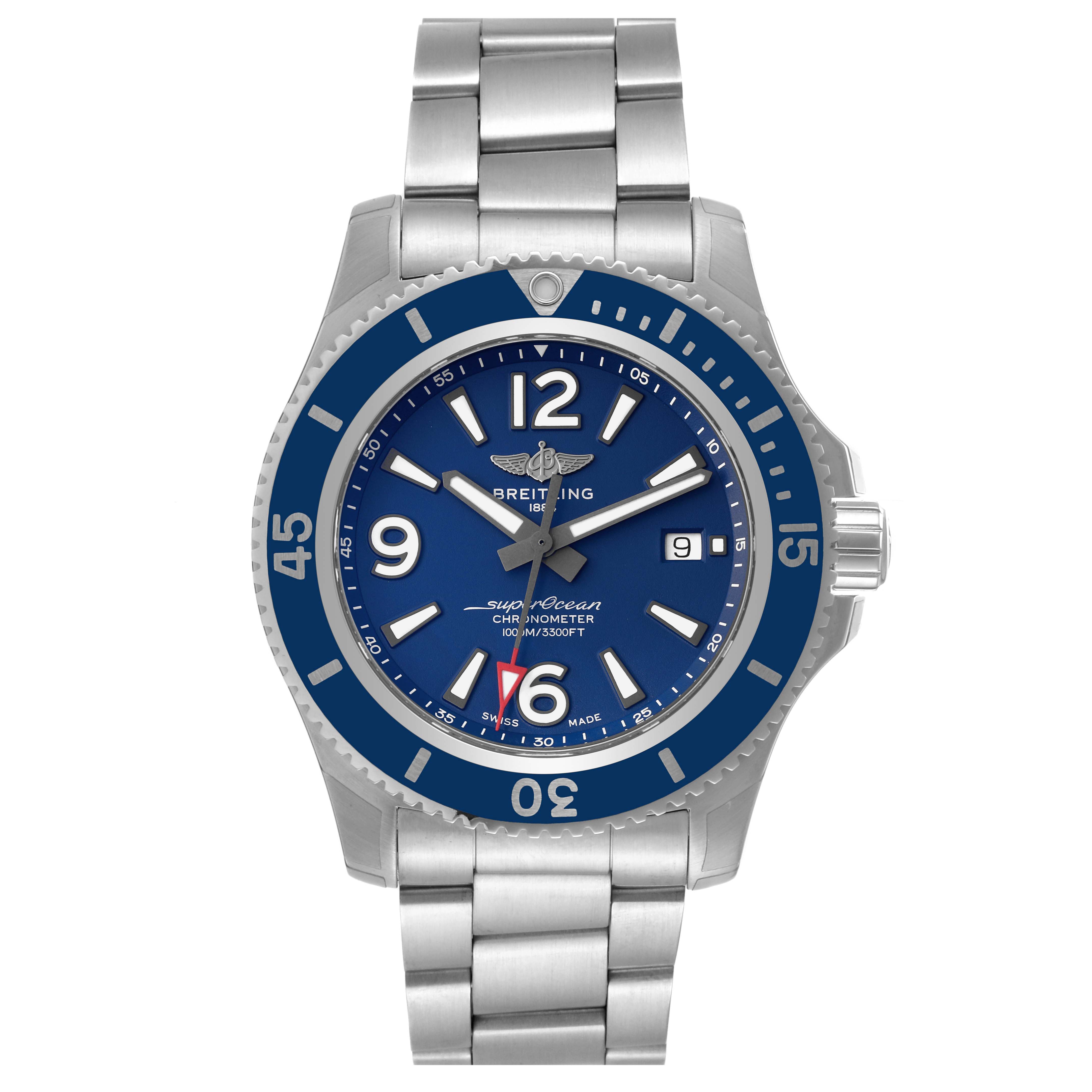 This image shows a front view of a Breitling Superocean A17367D Men's Stainless Steel Blue Dial A17367D Men's Stainless Steel Blue Dial watch, highlighting its dial, bezel, and metal bracelet.