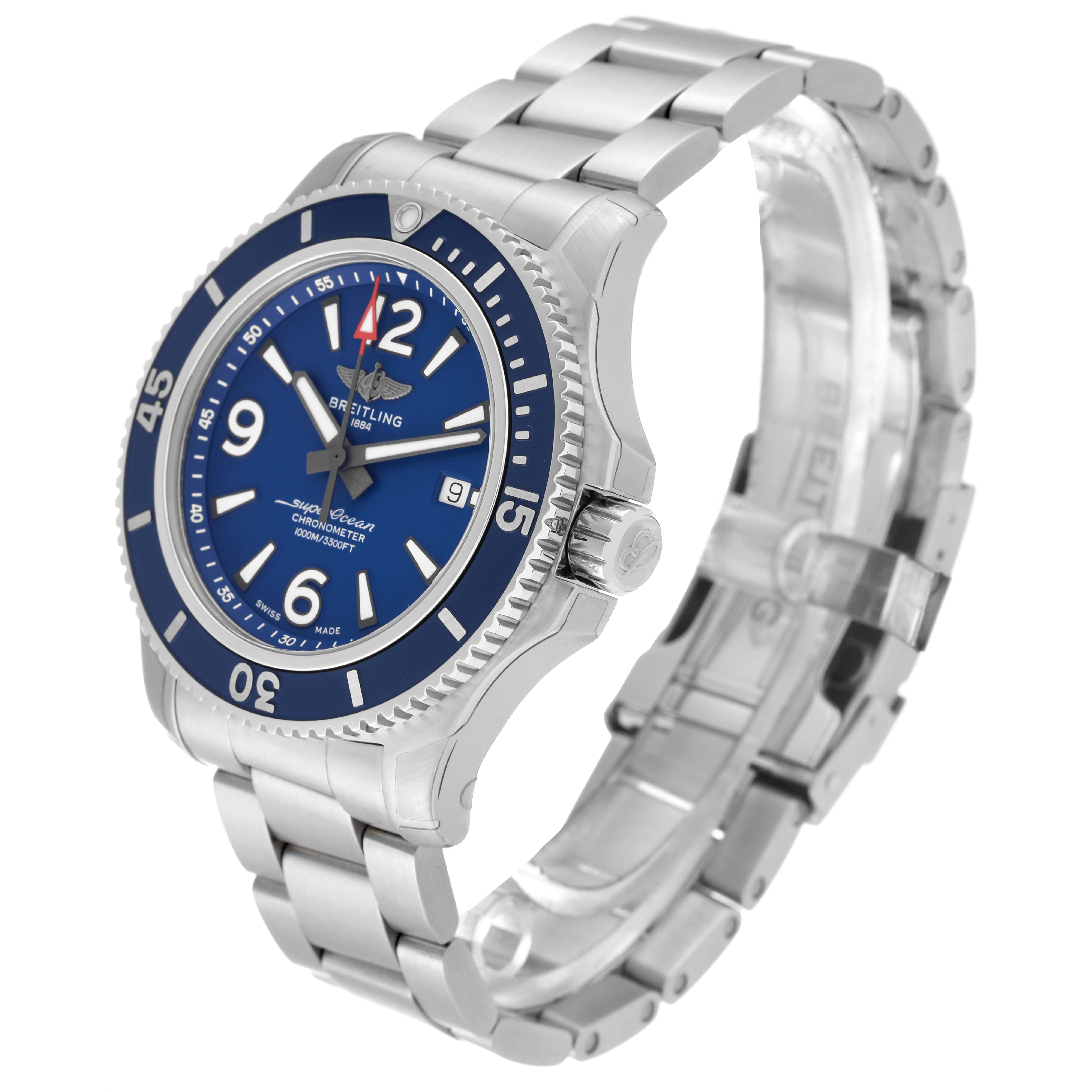 The image shows a side-angle view of a Breitling Superocean A17367D Men's Stainless Steel Blue Dial A17367D Men's Stainless Steel Blue Dial watch, highlighting its blue dial, bezel, and metal bracelet.