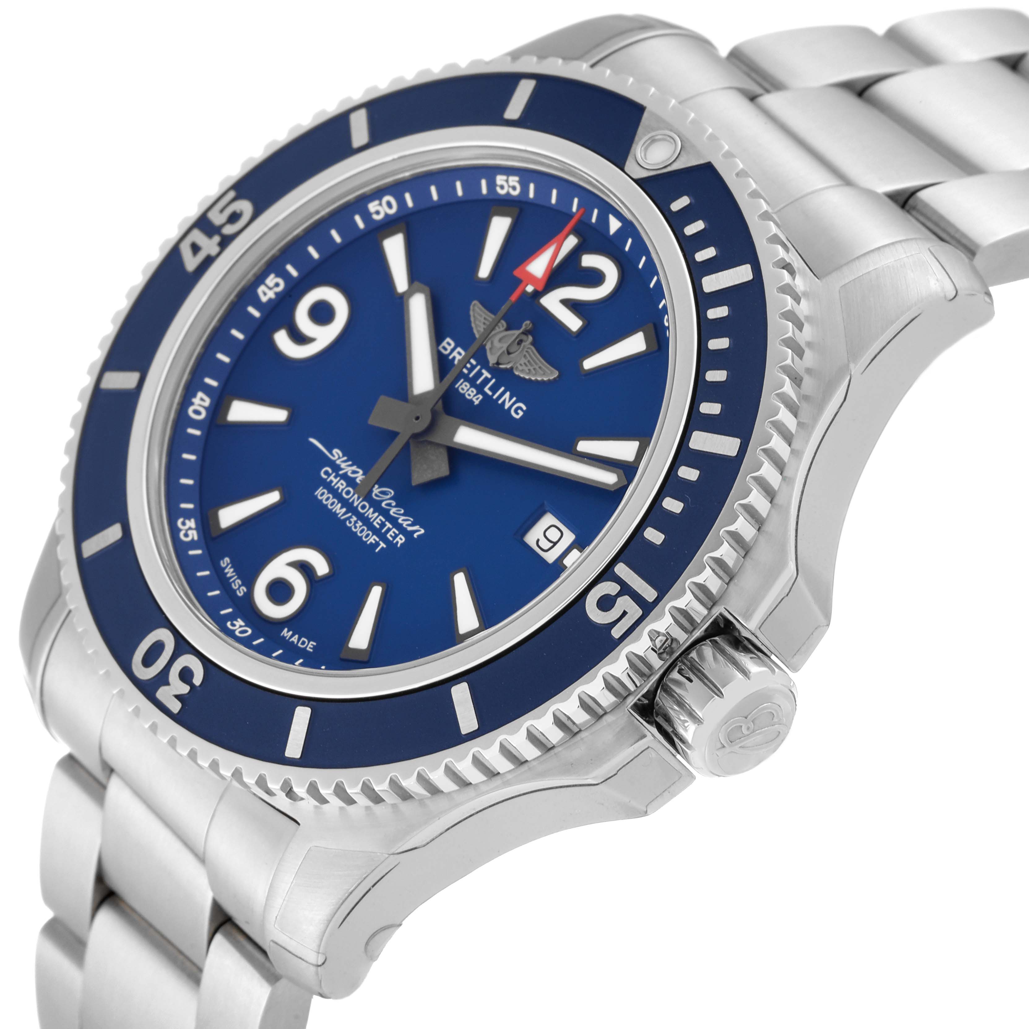 The image shows a close-up angle of the Breitling Superocean A17367D Men's Stainless Steel Blue Dial A17367D Men's Stainless Steel Blue Dial watch, focusing on its blue dial, bezel, and stainless steel bracelet.