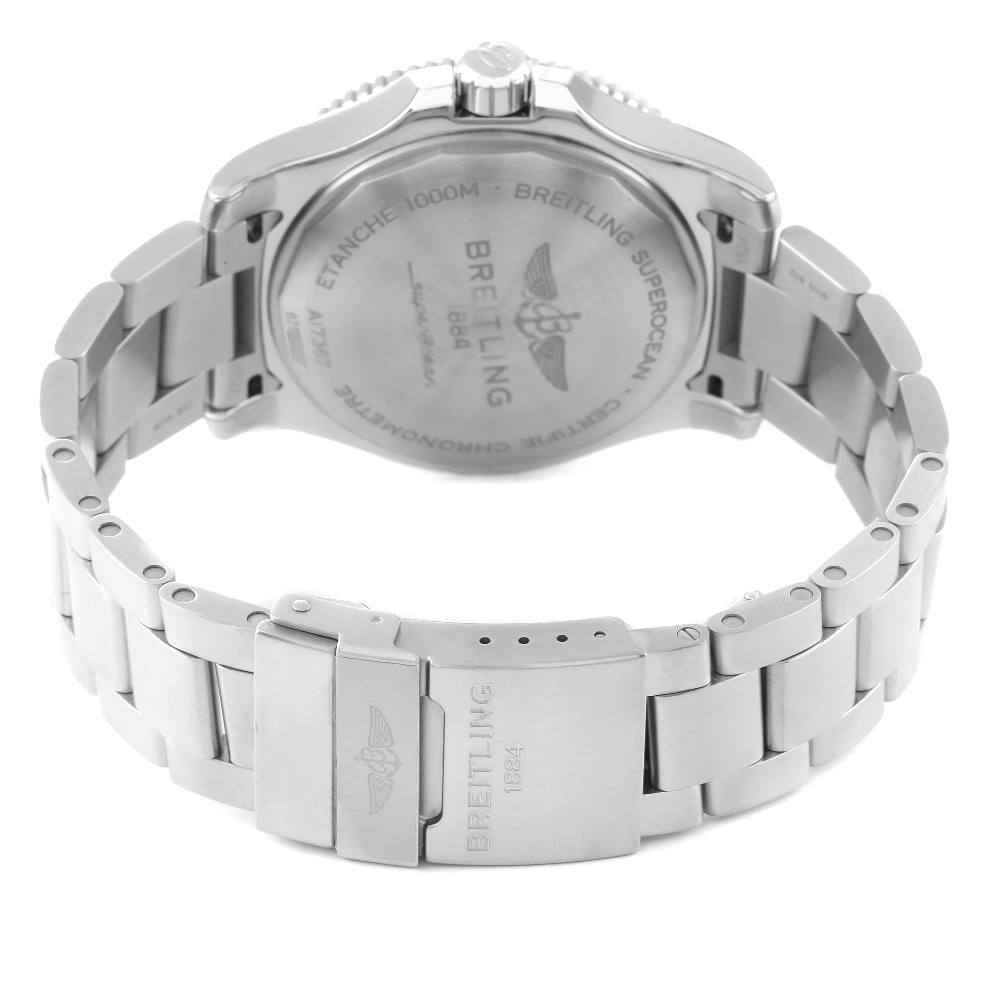 The image shows the back view of a Breitling Superocean A17367D Men's Stainless Steel Blue Dial A17367D Men's Stainless Steel Blue Dial watch, highlighting the case back and metal bracelet.