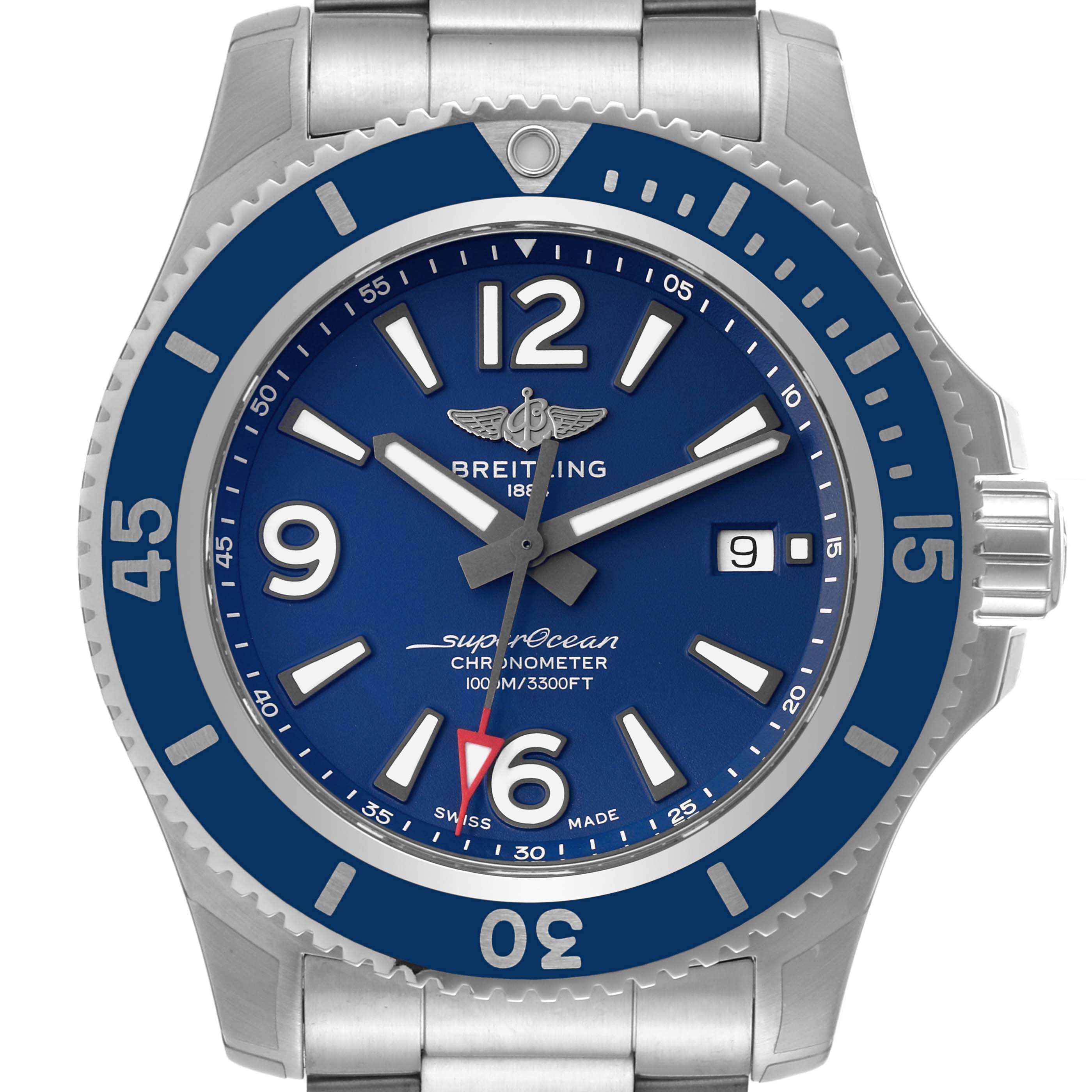 This image shows a frontal view of a Breitling Superocean A17367D Men's Stainless Steel Blue Dial A17367D Men's Stainless Steel Blue Dial watch, highlighting the blue dial, bezel, and stainless steel bracelet.