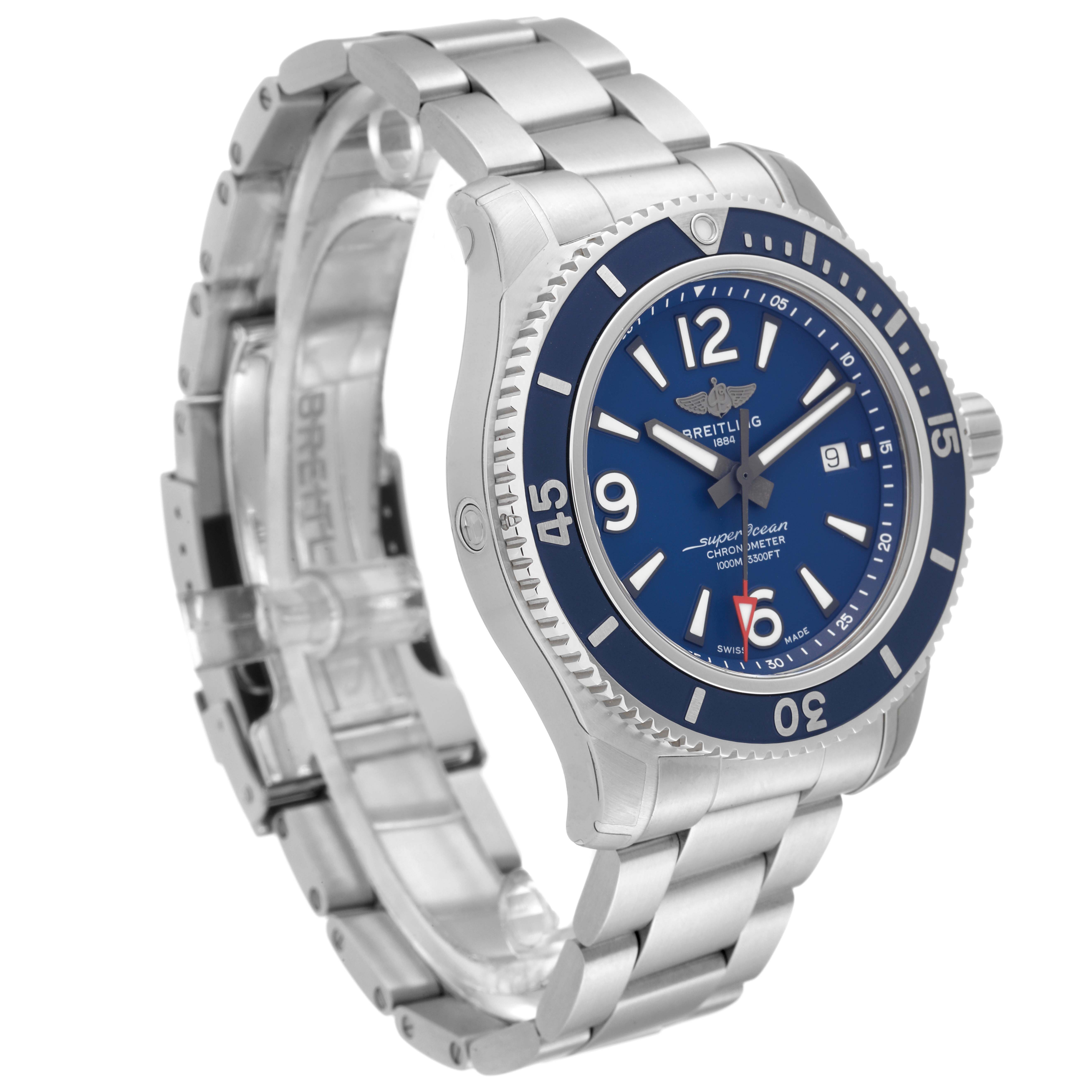 The Breitling Superocean A17367D Men's Stainless Steel Blue Dial A17367D Men's Stainless Steel Blue Dial watch is shown at an angle highlighting the face, bezel, crown, and metal bracelet.