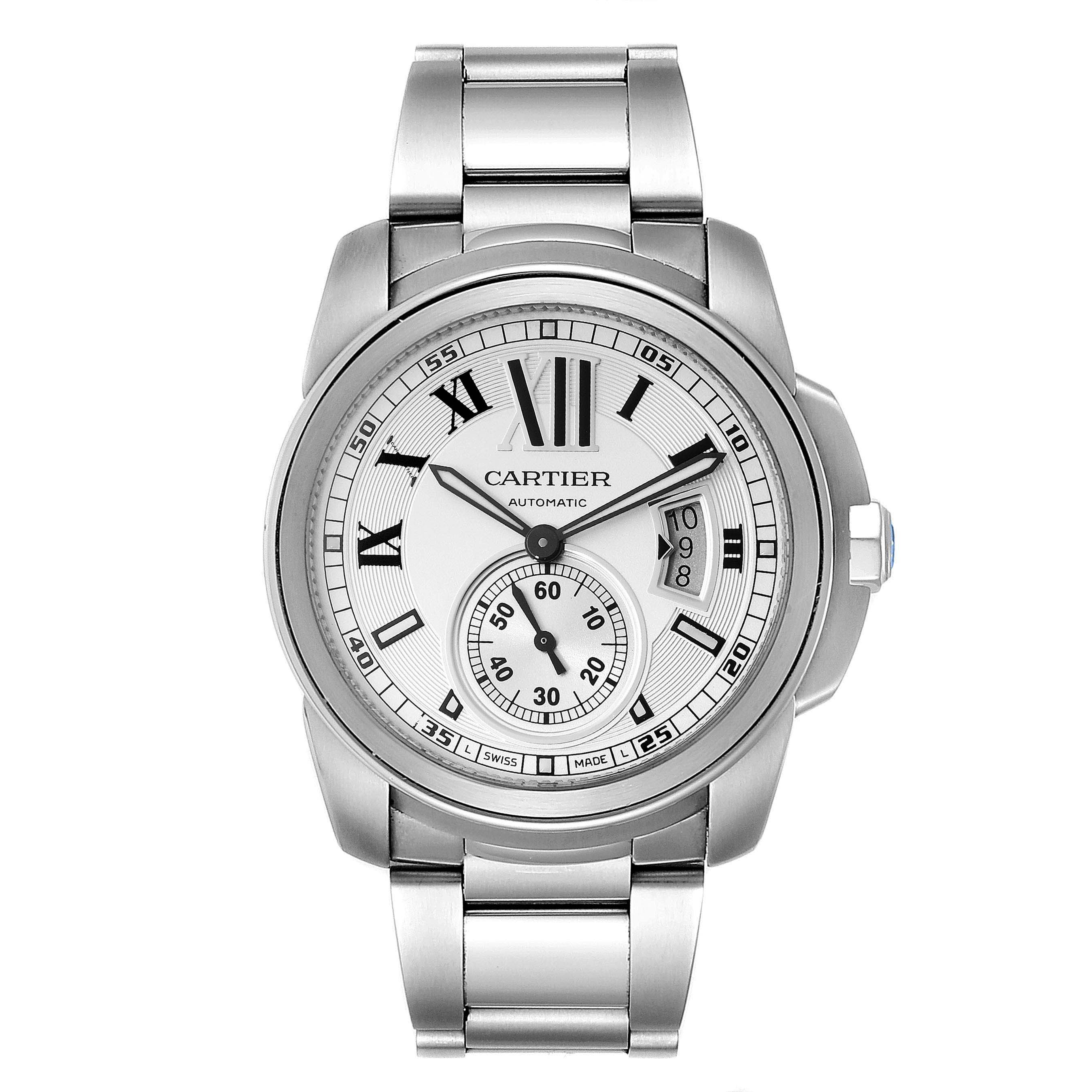 This image shows the front view of a Cartier Calibre de Cartier W7100015 Men's Stainless Steel Silver Dial W7100015 Men's Stainless Steel Silver Dial watch displaying the face, bezel, case, and bracelet.