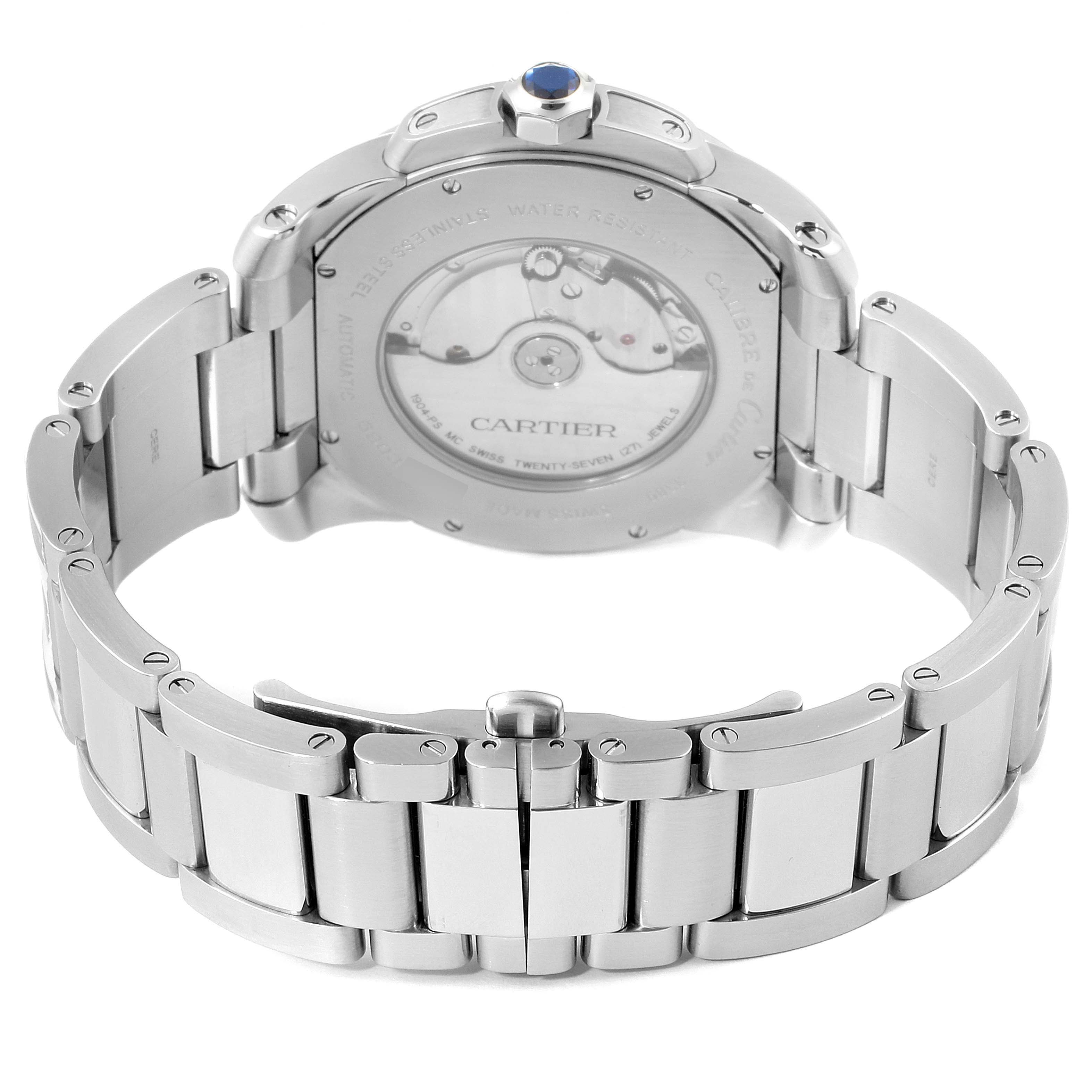 This image shows the rear view of the Calibre de Cartier watch by Cartier, focusing on the bracelet and case back.