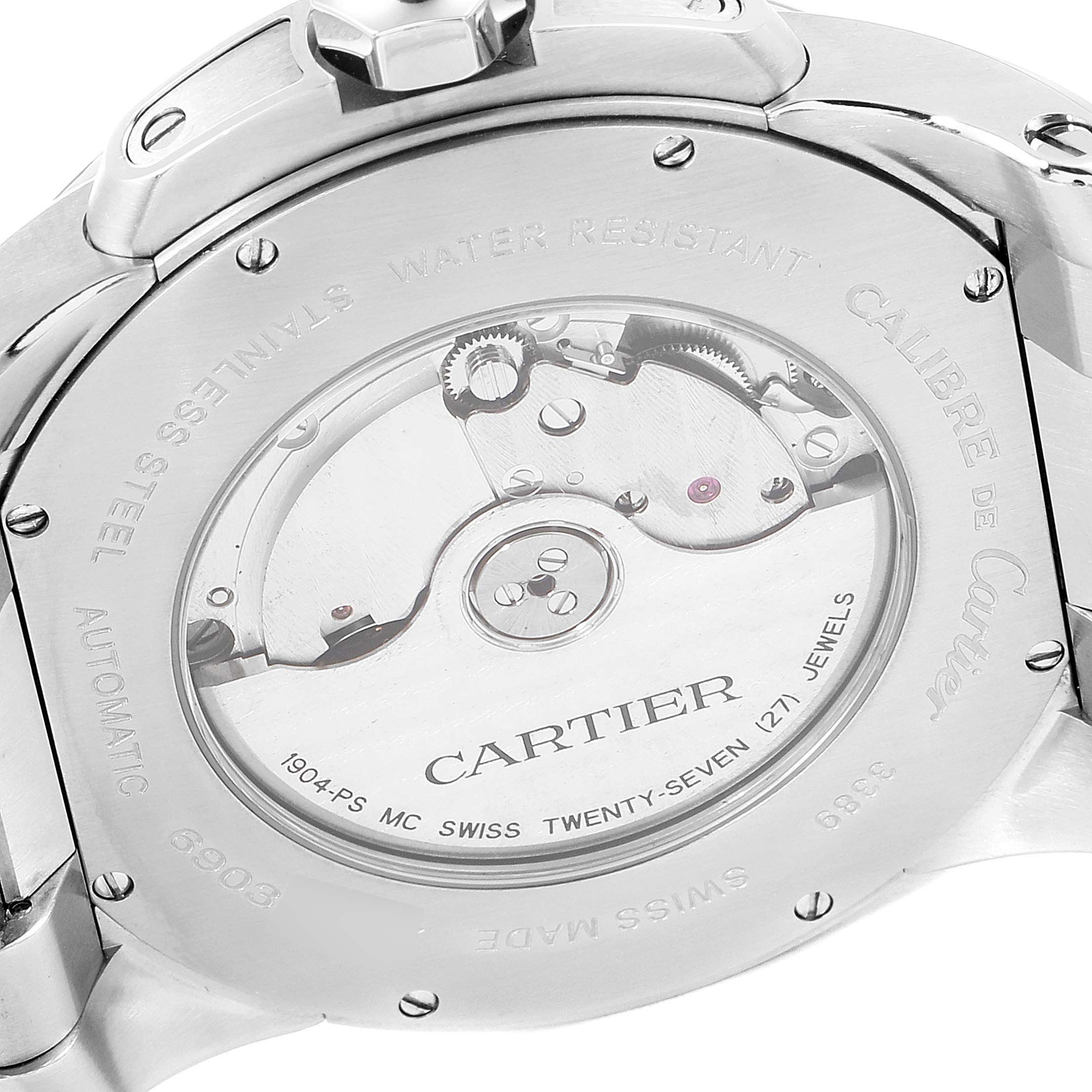 The image shows the back view of a Calibre de Cartier watch by Cartier, highlighting its automatic movement and internal mechanism.