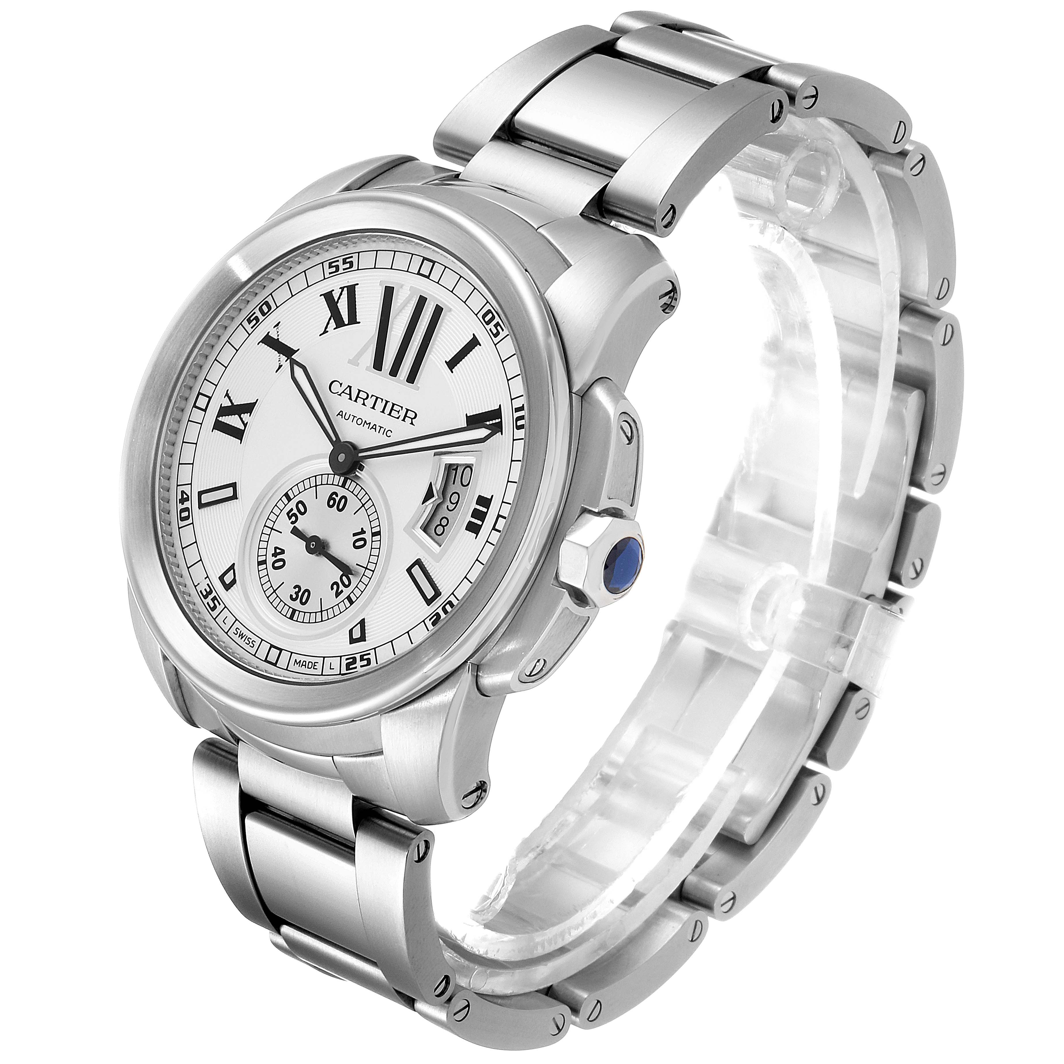 The image shows a side and front angle of the Calibre de Cartier watch by Cartier, highlighting its bracelet and crown.