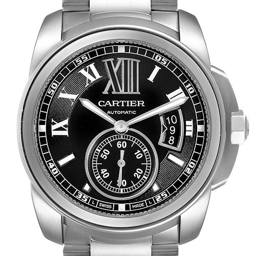 Photo of Calibre De Cartier Stainless Steel Black Dial Mens Watch W7100016 Box Papers