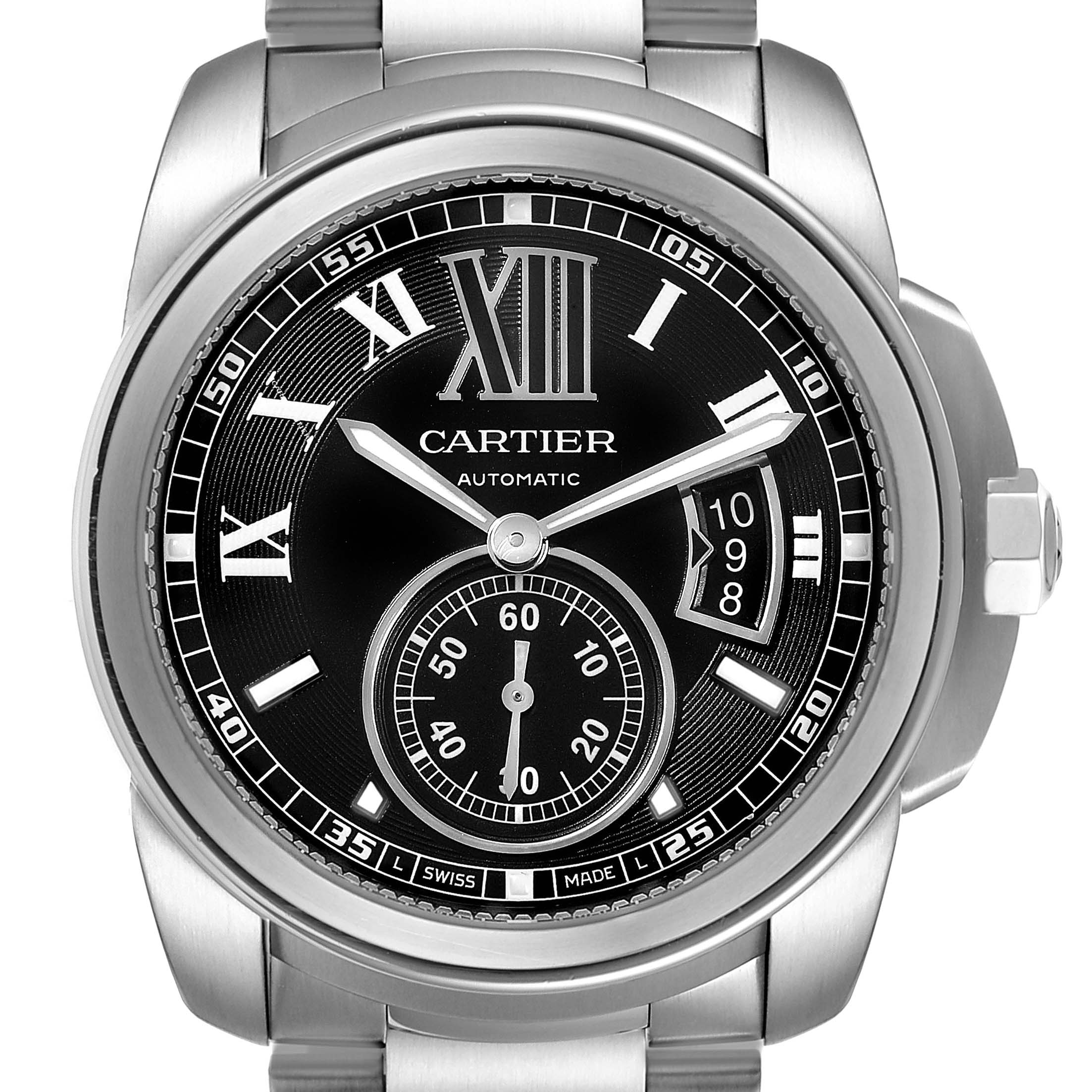 The image shows a front view of the Calibre de Cartier watch by Cartier, highlighting the dial, hands, and sub-dial.