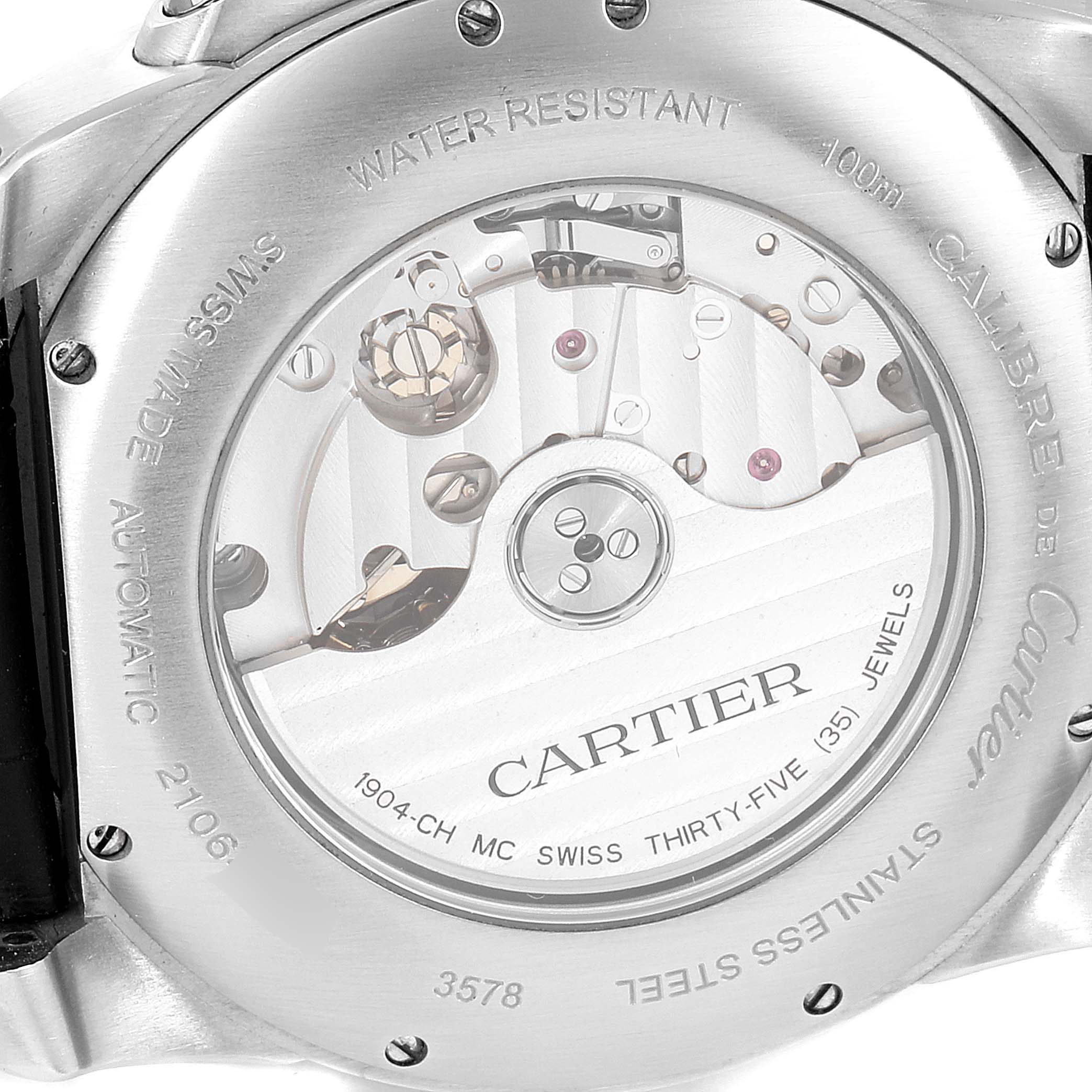 This image shows the back view of a Calibre de Cartier watch by Cartier, highlighting its automatic movement and internal mechanisms.